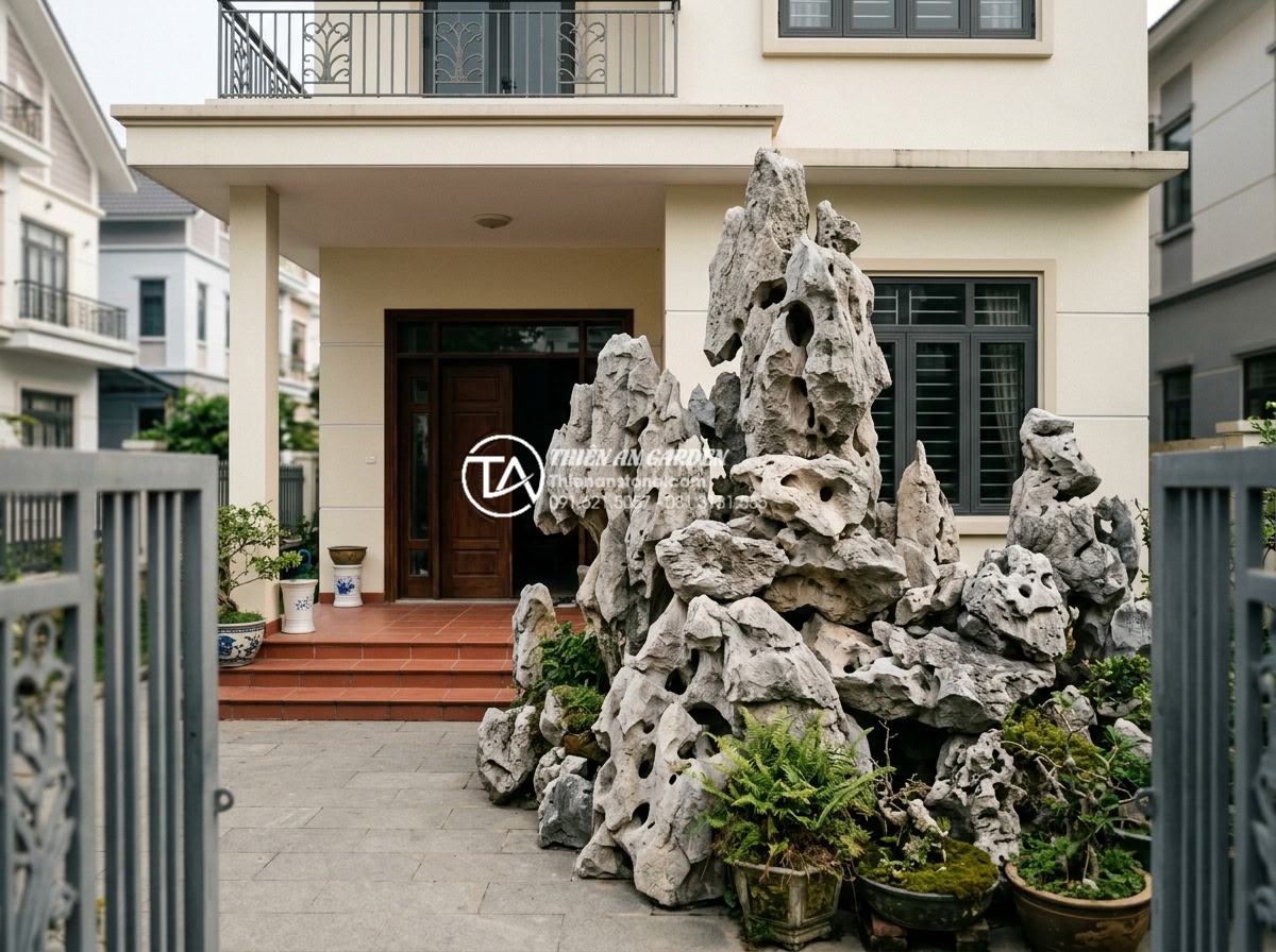 5 Lỗi phong thủy nghiêm trọng khi đặt tiểu cảnh sân vườn trước nhà - Realistic image showing incorrect feng shui garden placement with large natural 