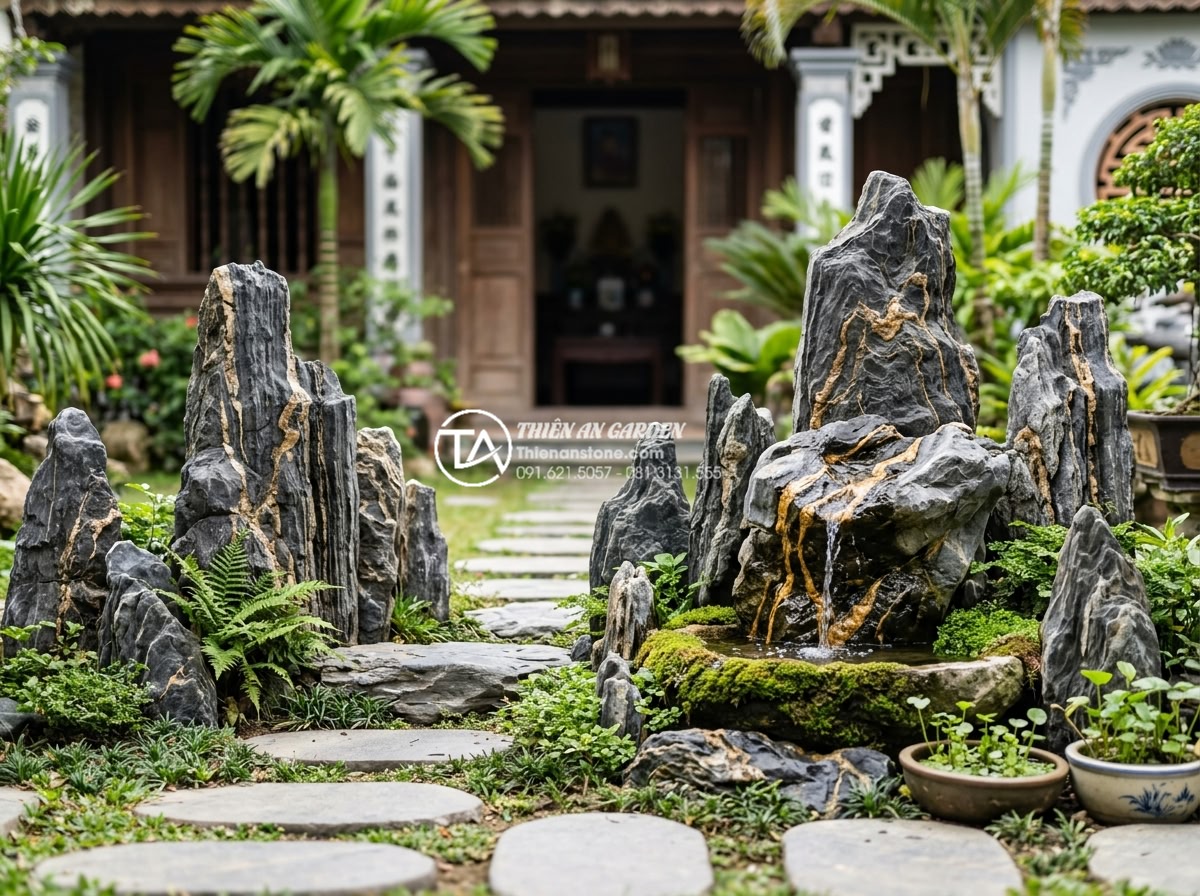 5 Lỗi phong thủy nghiêm trọng khi đặt tiểu cảnh sân vườn trước nhà - Detailed close-up of a properly spaced front yard stone garden feature allowing 