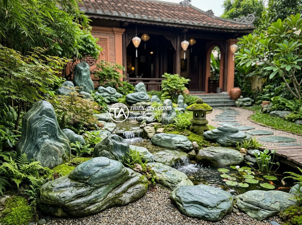 5 Lỗi phong thủy nghiêm trọng khi đặt tiểu cảnh sân vườn trước nhà - Beautiful example of smooth rounded natural stone carvings in a harmonious garde