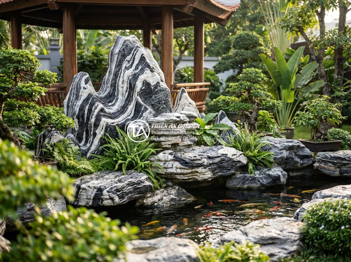 5 Lỗi thường gặp khi tự thiết kế hòn non bộ bằng đá tuyết sơn - Professional landscape photo of a luxurious Vietnamese villa garden featuring a