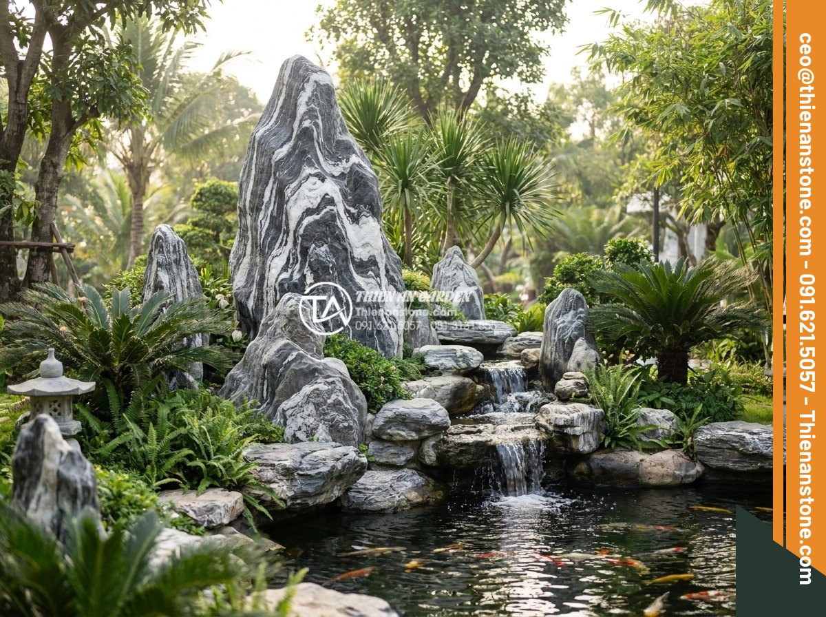 5 Lỗi thường gặp khi tự thiết kế hòn non bộ bằng đá tuyết sơn - Wide angle view of an elegantly designed Tuyet Son stone rockery in a modern Vie