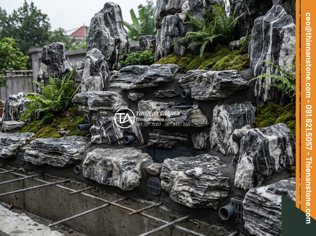 5 Lỗi thường gặp khi tự thiết kế hòn non bộ bằng đá tuyết sơn - Technical close-up of professional Tuyet Son stone rockery construction showing 