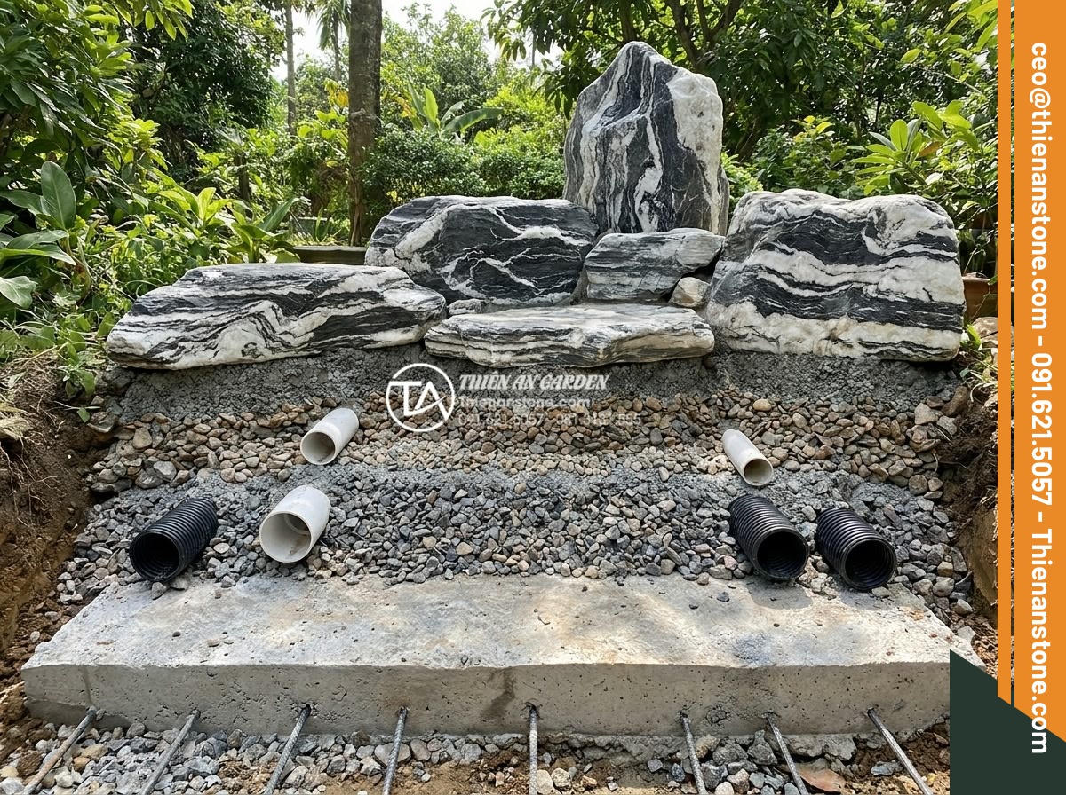 5 Lỗi thường gặp khi tự thiết kế hòn non bộ bằng đá tuyết sơn - Cross-section diagram style image of professional Tuyet Son stone rockery founda