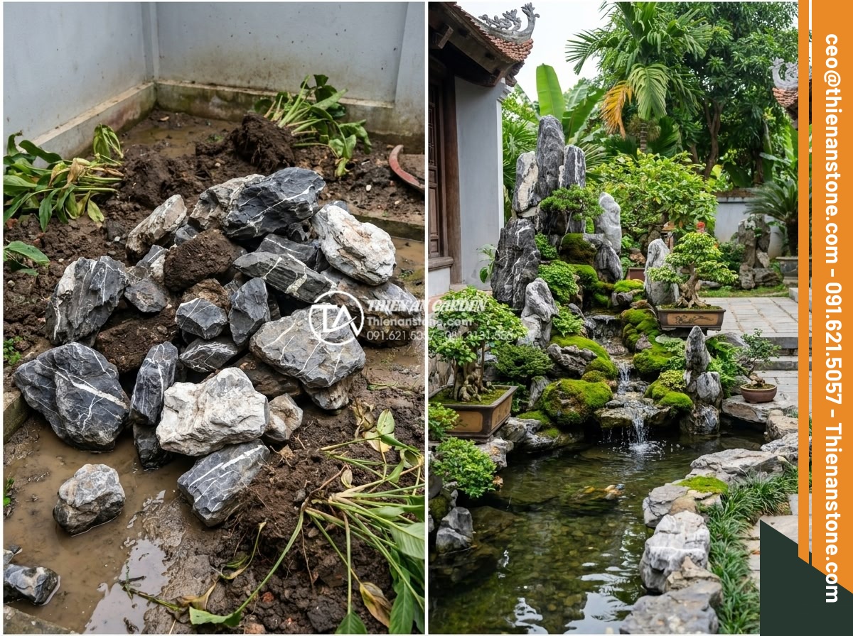 5 Lỗi thường gặp khi tự thiết kế hòn non bộ bằng đá tuyết sơn - Before and after comparison image of a failed DIY Tuyet Son stone rockery that c