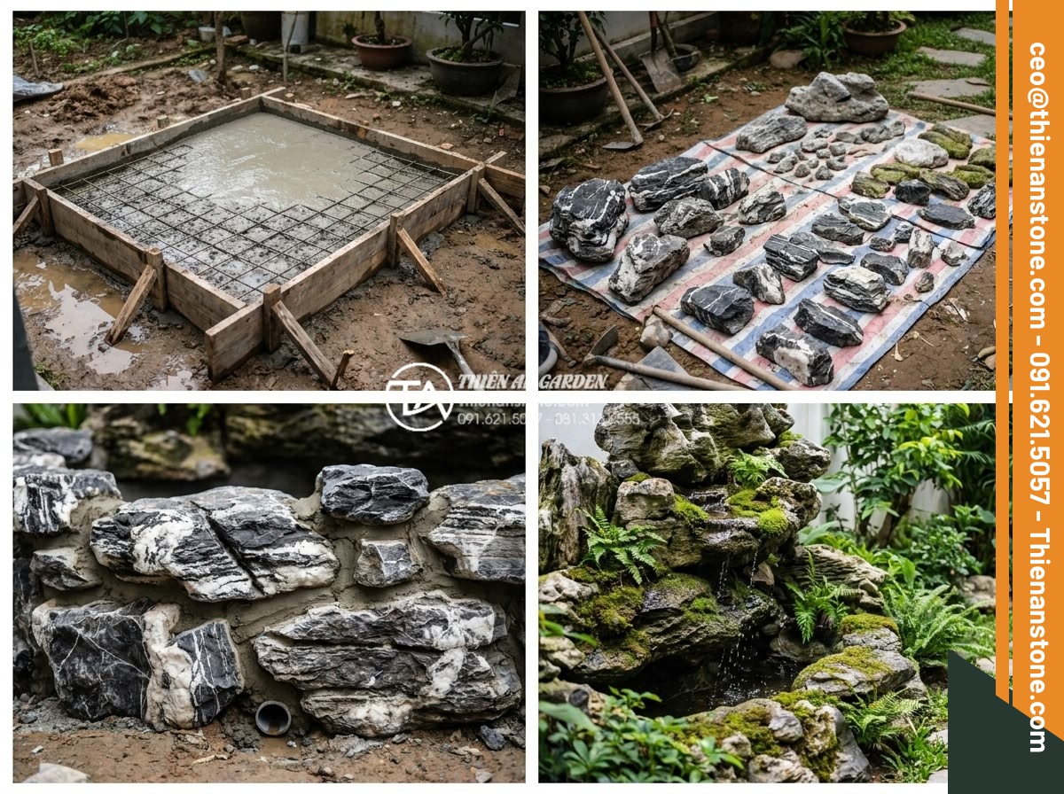 5 Lỗi thường gặp khi tự thiết kế hòn non bộ bằng đá tuyết sơn - Step-by-step professional construction process of Tuyet Son stone rockery showin