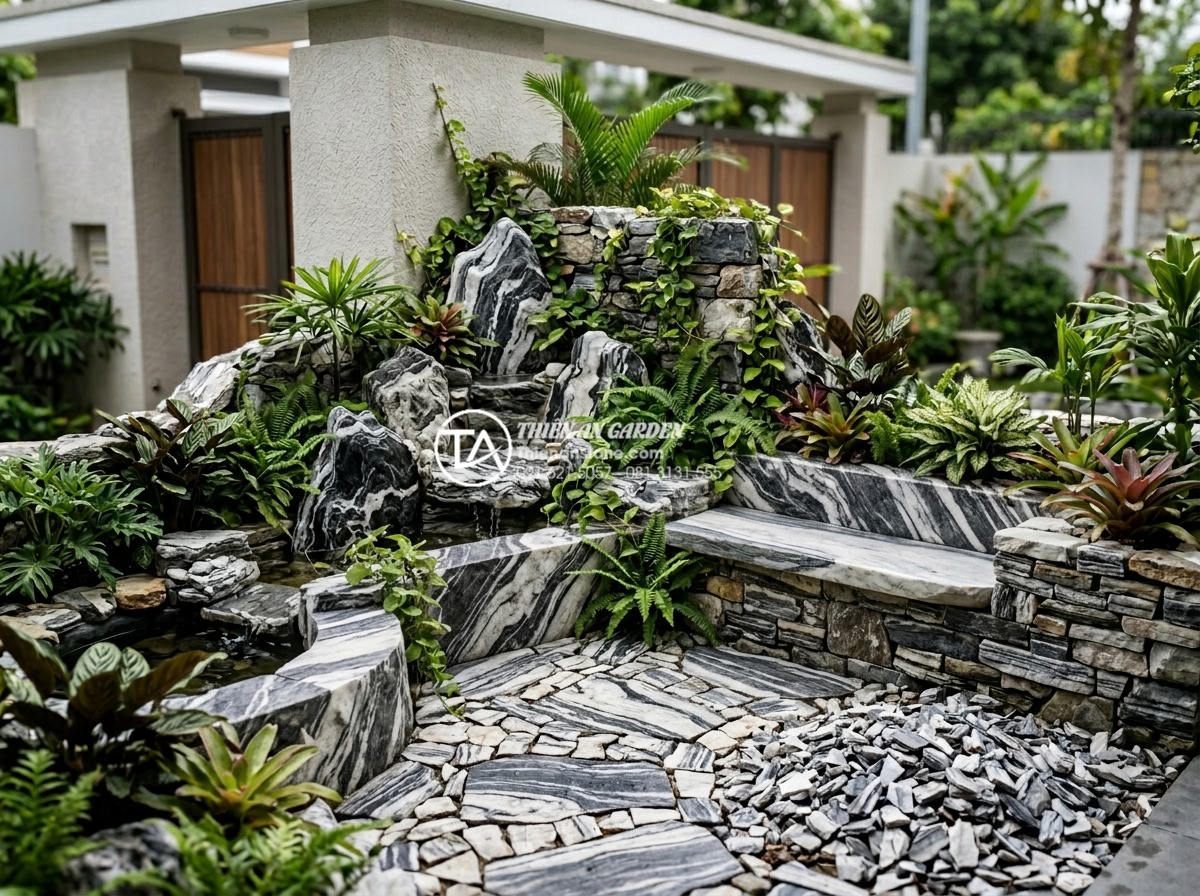 Báo giá thi công tiểu cảnh góc sân vườn trọn gói mới nhất 2026 - Hình 16 Báo giá thi công tiểu cảnh góc sân vườn trọn gói mới nhất 2026 - Optimization tips visual with cost saving examples for natural stone corner gard