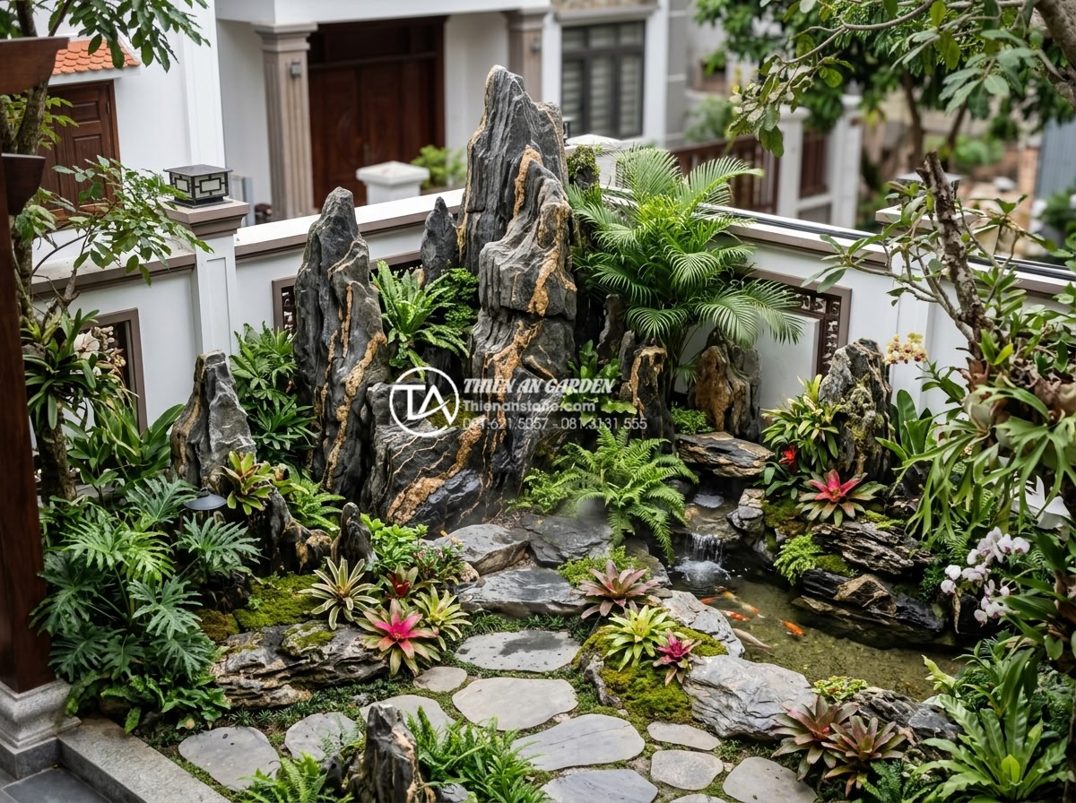 Báo giá thi công tiểu cảnh góc sân vườn trọn gói mới nhất 2026 - Hình 22 Báo giá thi công tiểu cảnh góc sân vườn trọn gói mới nhất 2026 - Final overview image of luxurious completed corner garden landscapes by the comp