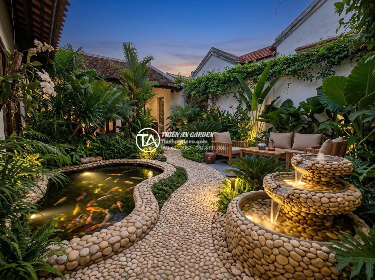 Báo giá thi công tiểu cảnh sân vườn trọn gói mới nhất 2026 - Professional wide-angle photograph of a complete small garden landscape installa