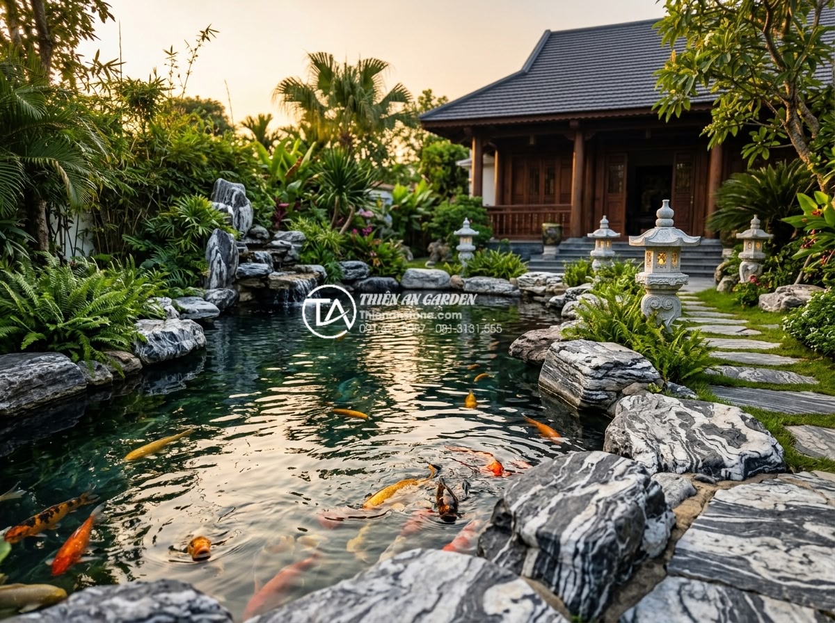 Báo giá thi công tiểu cảnh sân vườn trọn gói mới nhất 2026 - Elegant professional photograph of a happy Vietnamese family enjoying their newl