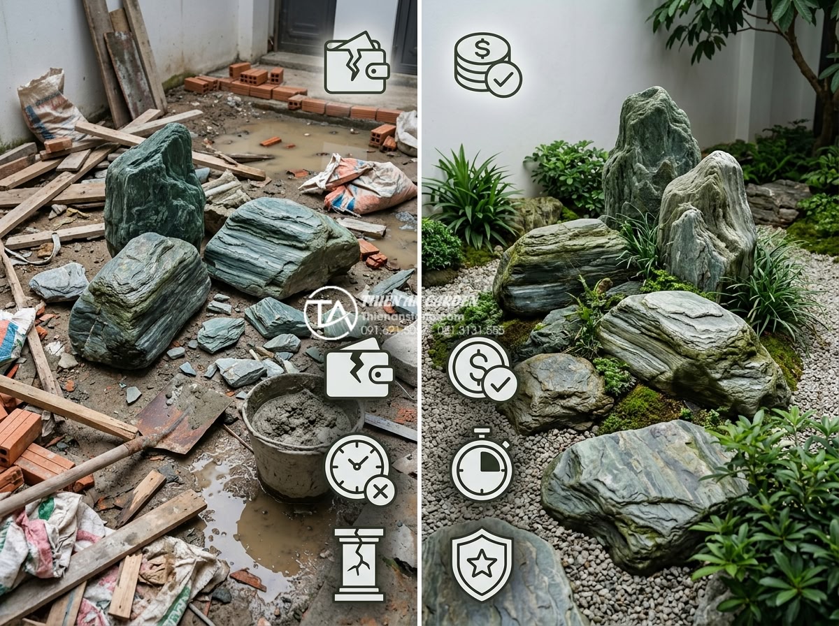 Báo giá thi công tiểu cảnh sân vườn trọn gói mới nhất 2026 - Informative professional comparison infographic style image split into two halve