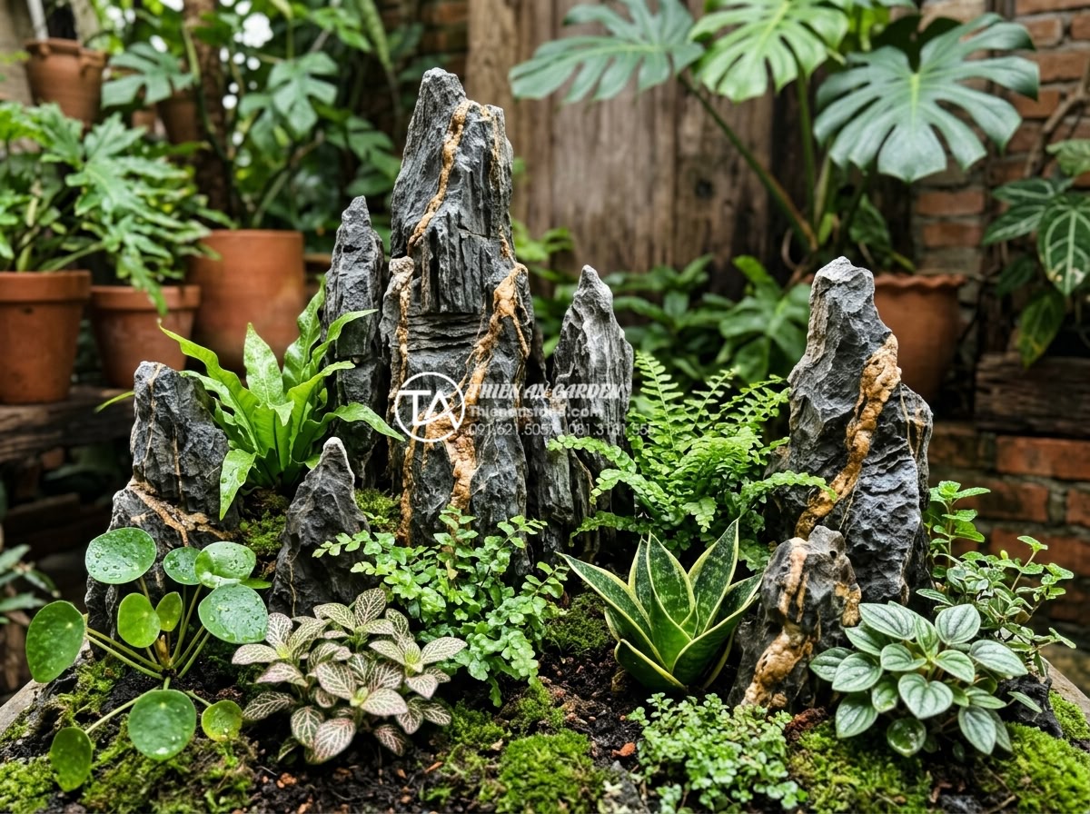 Bí quyết chọn cây trồng tiểu cảnh góc sân mini luôn xanh tốt quanh năm - Close-up of healthy miniature plants in a mini garden corner demonstrating air p