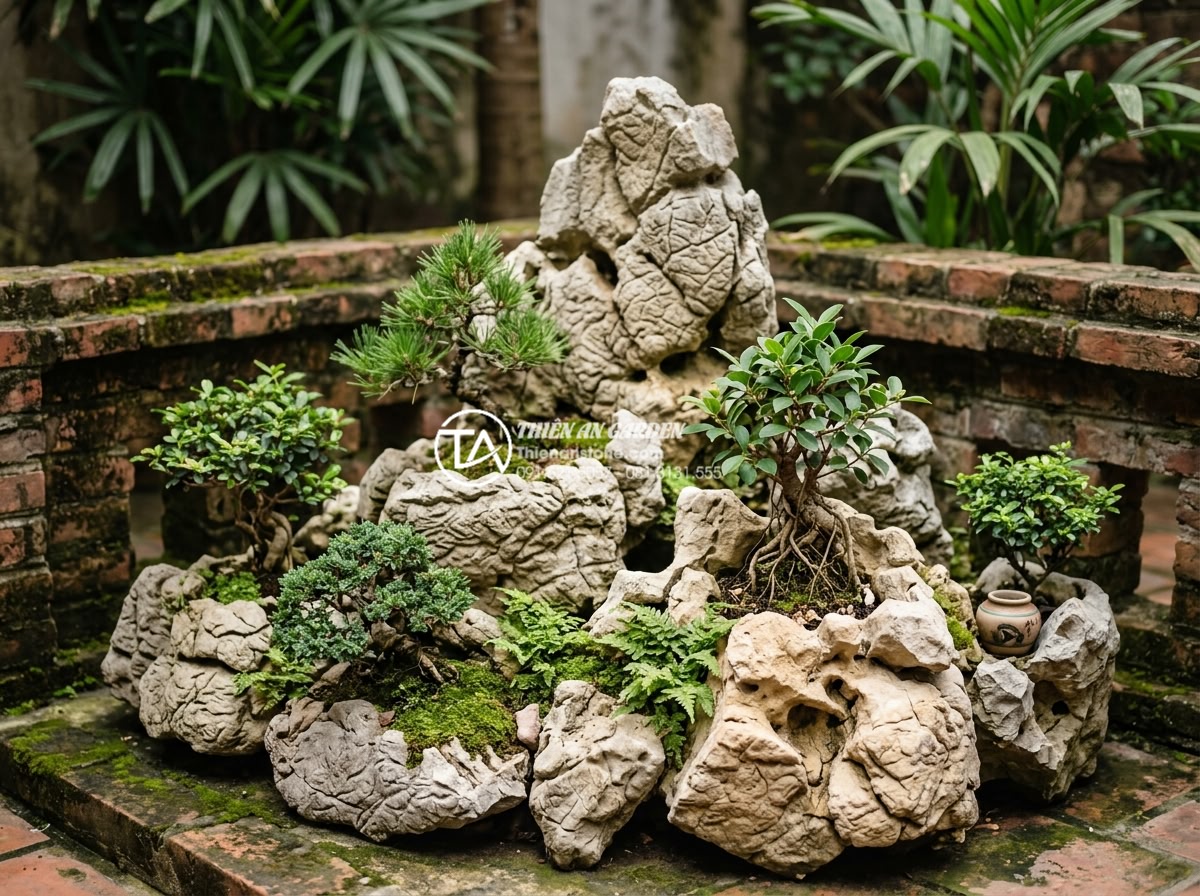 Bí quyết chọn cây trồng tiểu cảnh góc sân mini luôn xanh tốt quanh năm - Miniature bonsai shrubs and small bush plants artistically placed in a tiny gard