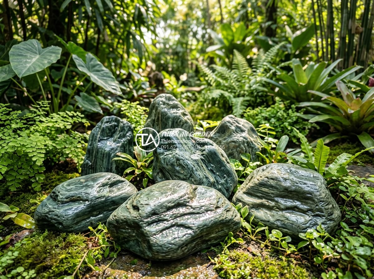 Cách bảo dưỡng và vệ sinh đá cảnh trong tiểu cảnh sân vườn luôn mới - Hình 1 Cách bảo dưỡng và vệ sinh đá cảnh trong tiểu cảnh sân vườn luôn mới - Close-up of freshly cleaned natural granite decorative stones sparkling under su