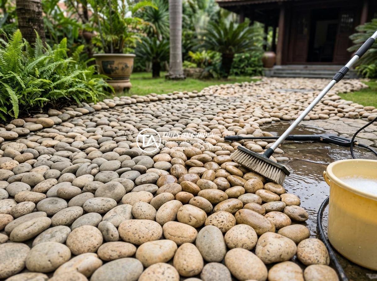 Cách bảo dưỡng và vệ sinh đá cảnh trong tiểu cảnh sân vườn luôn mới - Hình 4 Cách bảo dưỡng và vệ sinh đá cảnh trong tiểu cảnh sân vườn luôn mới - Monthly deep cleaning of stone features in a large villa garden landscape showin