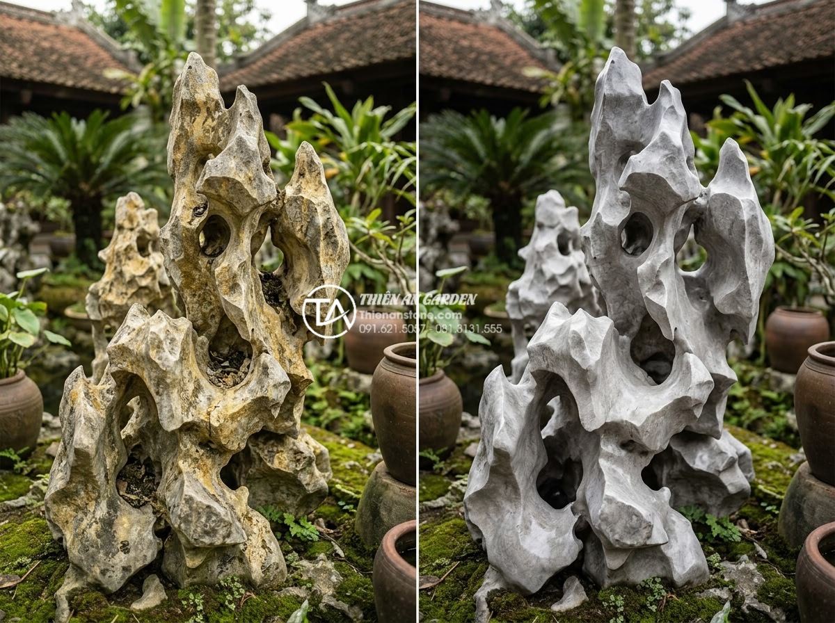 Cách bảo dưỡng và vệ sinh đá cảnh trong tiểu cảnh sân vườn luôn mới - Hình 5 Cách bảo dưỡng và vệ sinh đá cảnh trong tiểu cảnh sân vườn luôn mới - Before and after deep cleaning and polishing of yellow stained natural stone dec