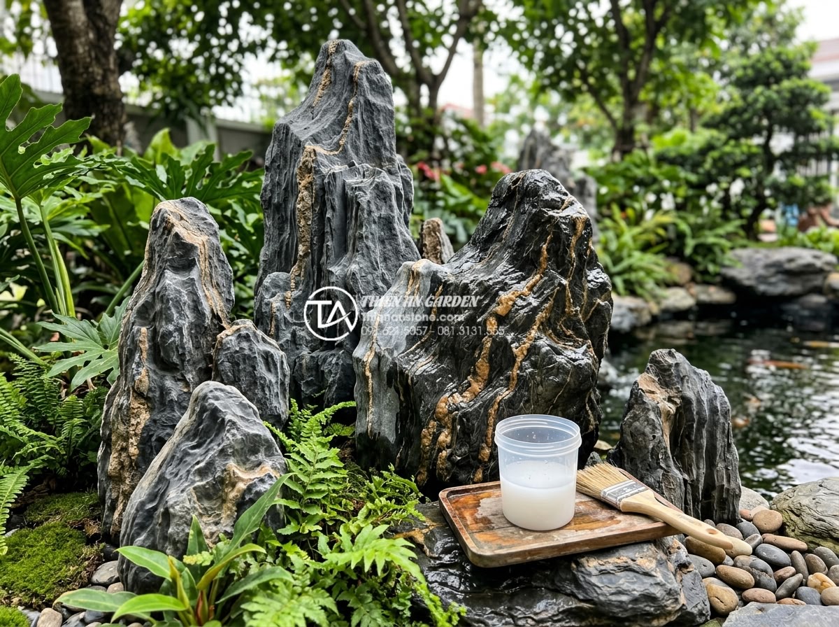 Cách bảo dưỡng và vệ sinh đá cảnh trong tiểu cảnh sân vườn luôn mới - Hình 13 Cách bảo dưỡng và vệ sinh đá cảnh trong tiểu cảnh sân vườn luôn mới - Application of protective sealant on decorative stones during professional garde