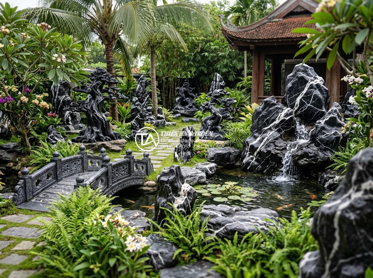 Cách bảo dưỡng và vệ sinh đá cảnh trong tiểu cảnh sân vườn luôn mới - Hình 2 Cách bảo dưỡng và vệ sinh đá cảnh trong tiểu cảnh sân vườn luôn mới - Wide angle view of pristine stone sculptures and decorative rocks in a perfectly