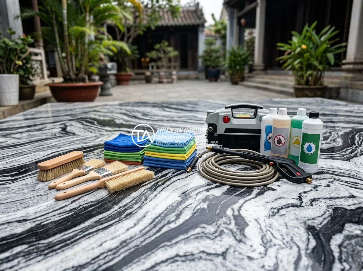Cách bảo dưỡng và vệ sinh đá cảnh trong tiểu cảnh sân vườn luôn mới - Hình 3 Cách bảo dưỡng và vệ sinh đá cảnh trong tiểu cảnh sân vườn luôn mới - Professional cleaning tools laid out neatly including soft brushes, microfiber c