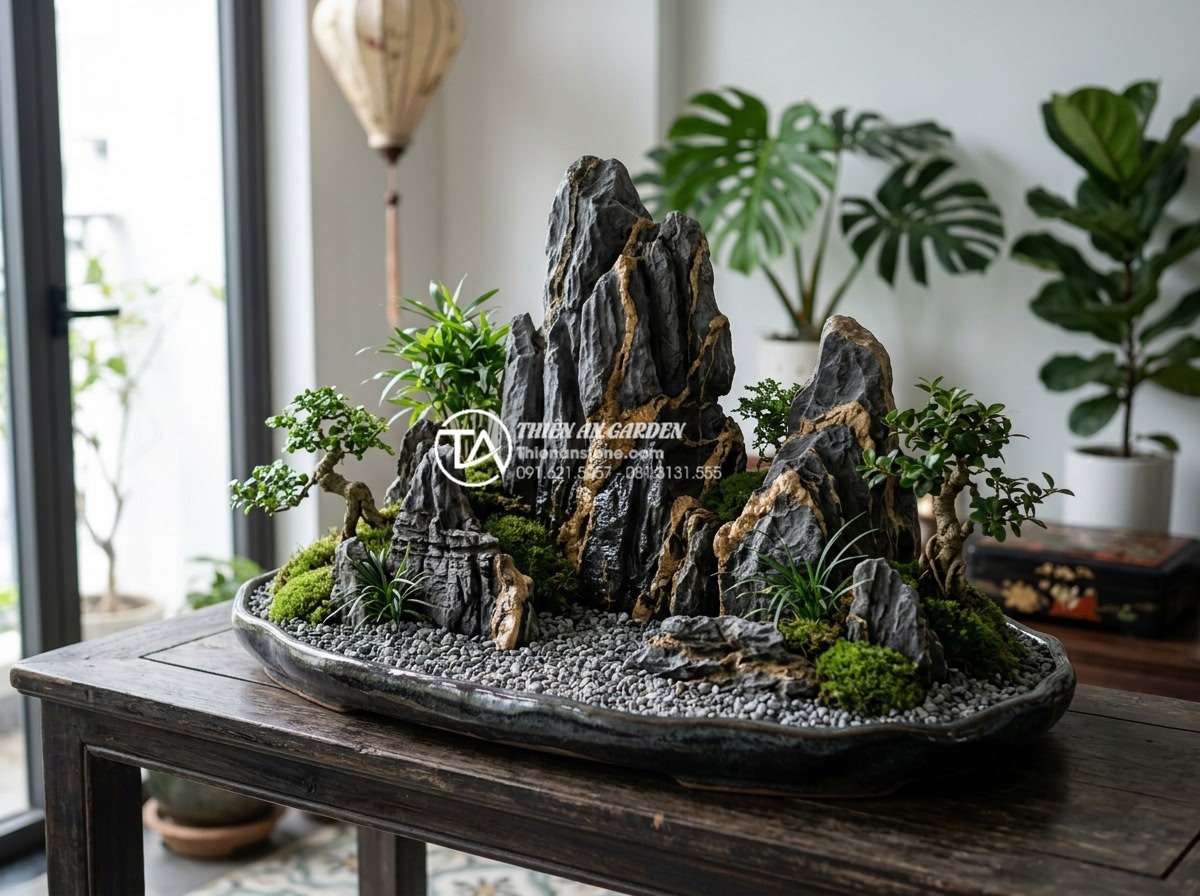 Cách chọn cây xanh phù hợp cho tiểu cảnh sân vườn mini trong nhà - Modern feng shui inspired miniature indoor garden with balanced plant and stone 