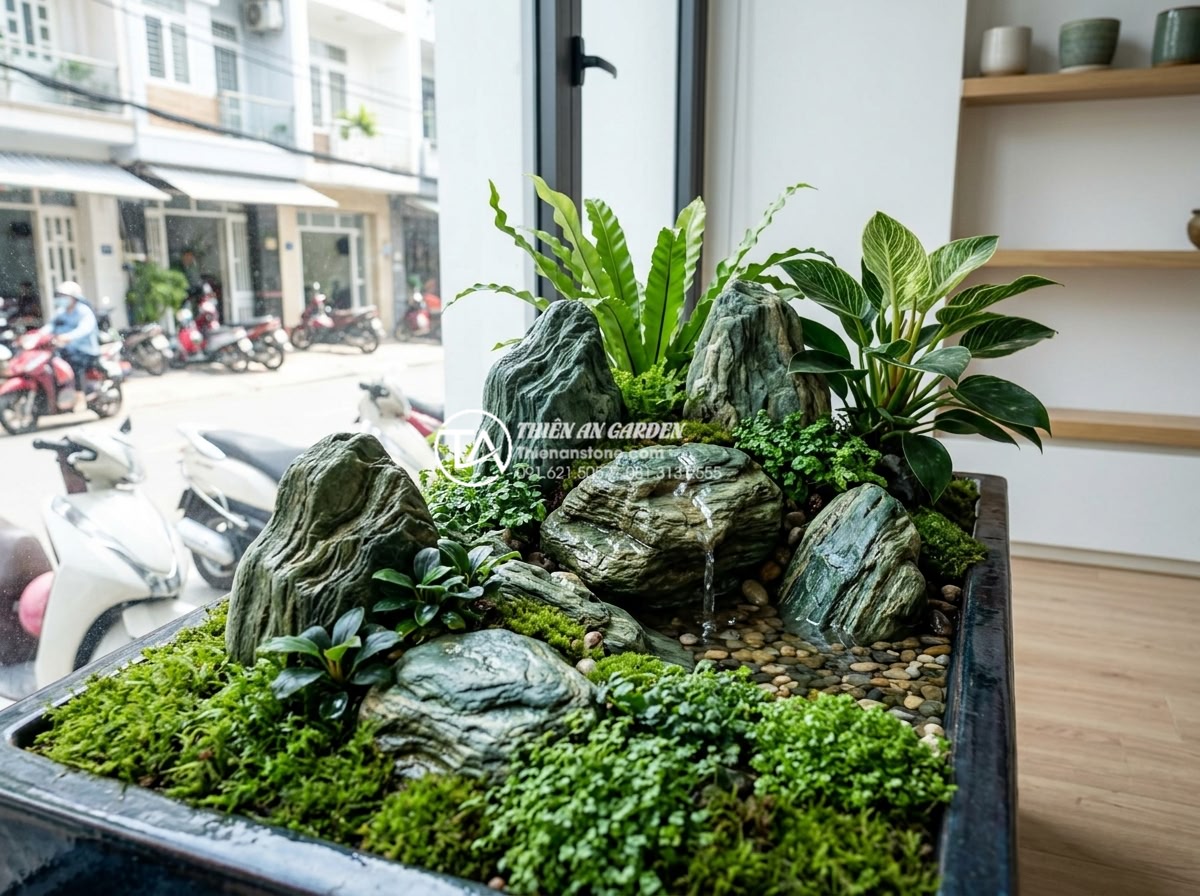 Cách chọn cây xanh phù hợp cho tiểu cảnh sân vườn mini trong nhà - Lush green indoor miniature garden with various houseplants thriving around deco