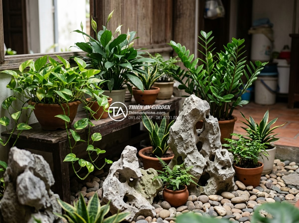Cách chọn cây xanh phù hợp cho tiểu cảnh sân vườn mini trong nhà - Collection of shade-loving indoor plants like pothos, peace lily and ZZ plant ar