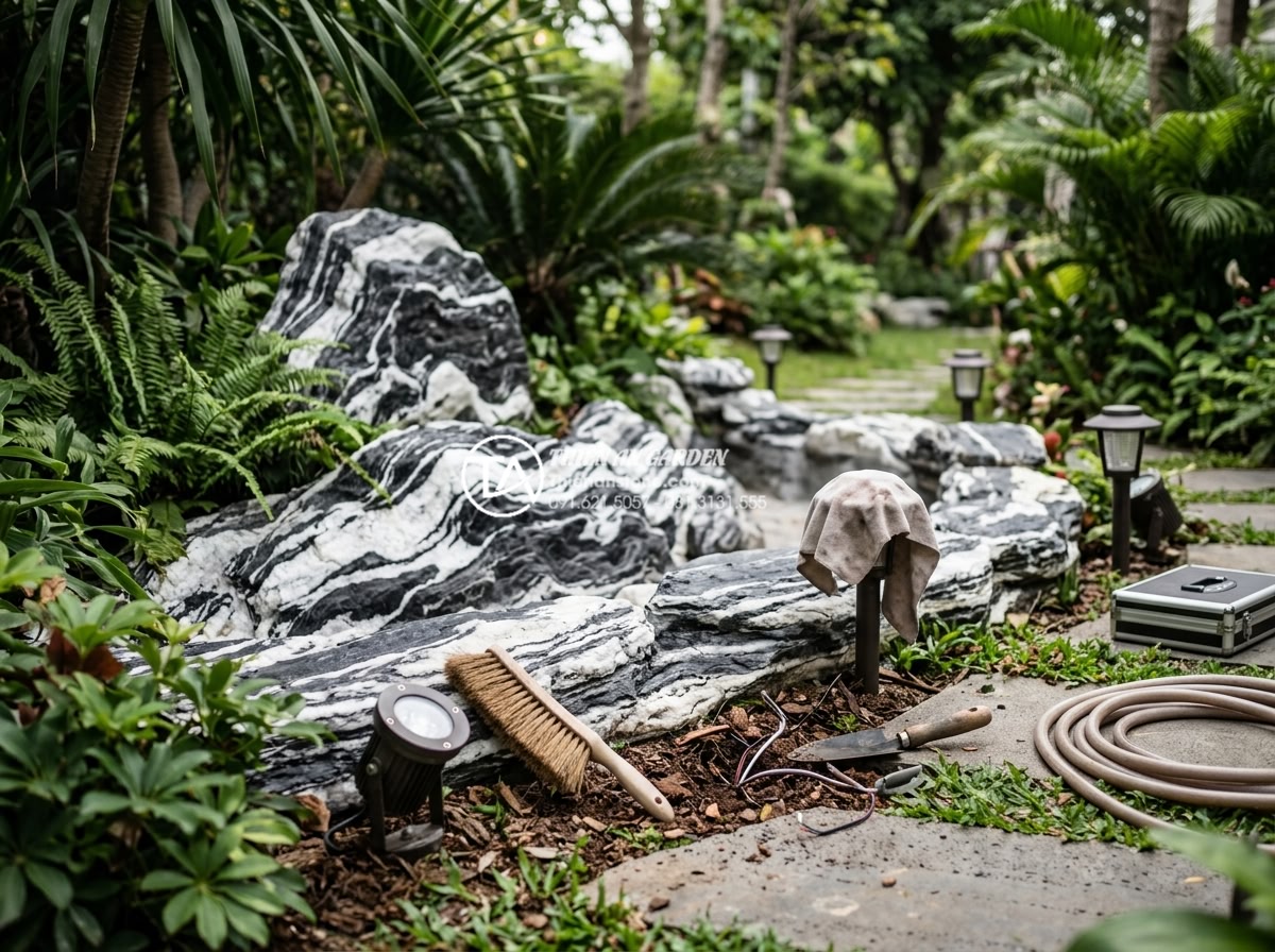 Cách kết hợp đèn sân vườn để làm nổi bật vân mây của đá tuyết sơn - Maintenance checklist visual for outdoor garden lighting systems installed aroun
