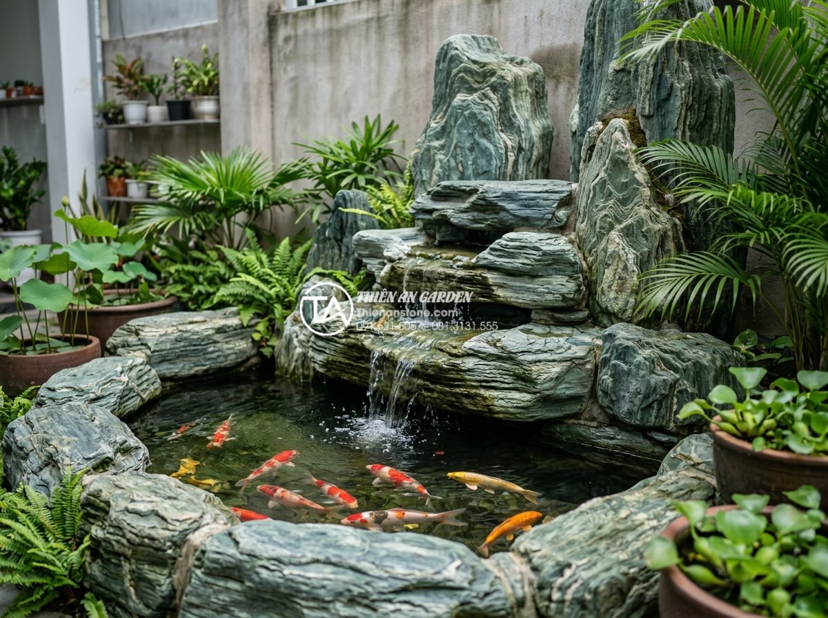 Cách thiết kế tiểu cảnh sân vườn nhà ống thoáng đãng và tối ưu - Detailed carved stone non-bo waterfall feature with colorful Koi fish swimming i