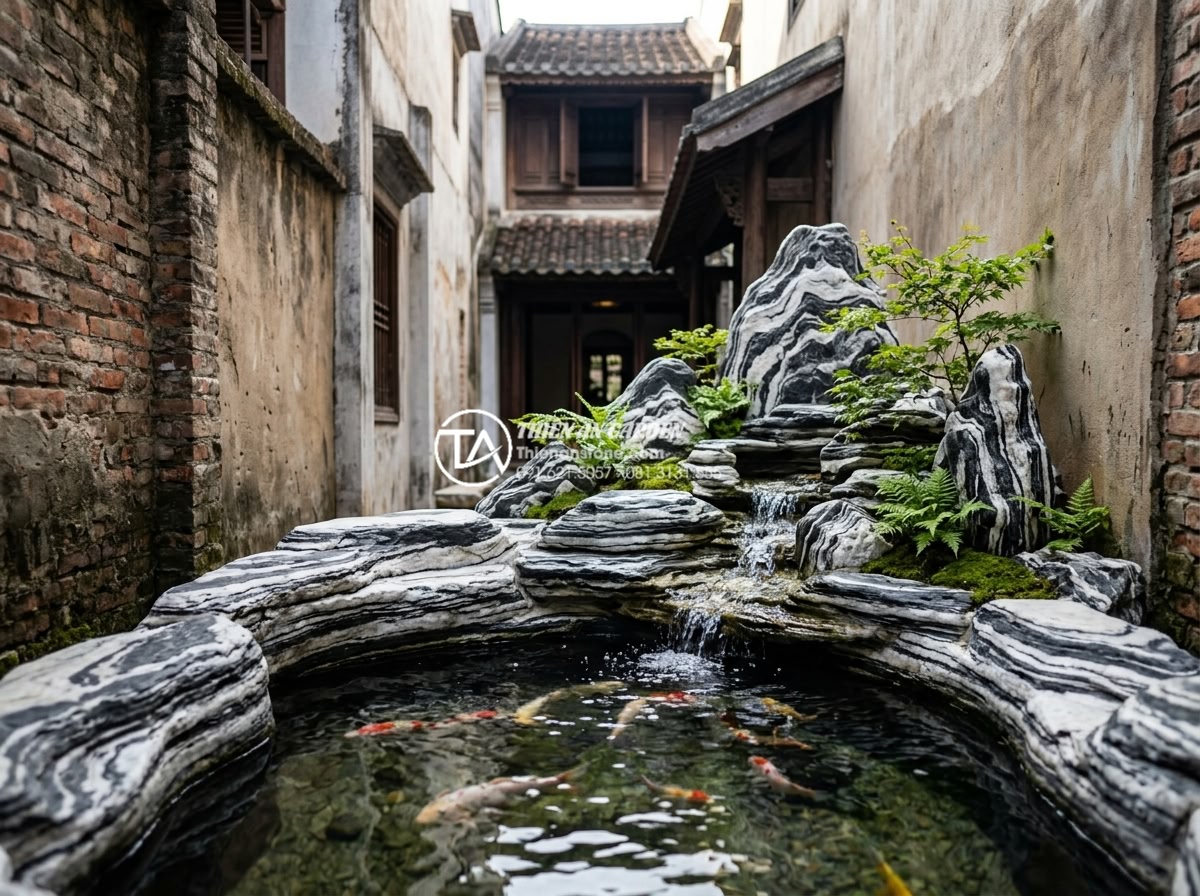 Cách thiết kế tiểu cảnh sân vườn nhà ống thoáng đãng và tối ưu - Elegant Koi pond and rockery non-bo design integrated into a narrow tube house g