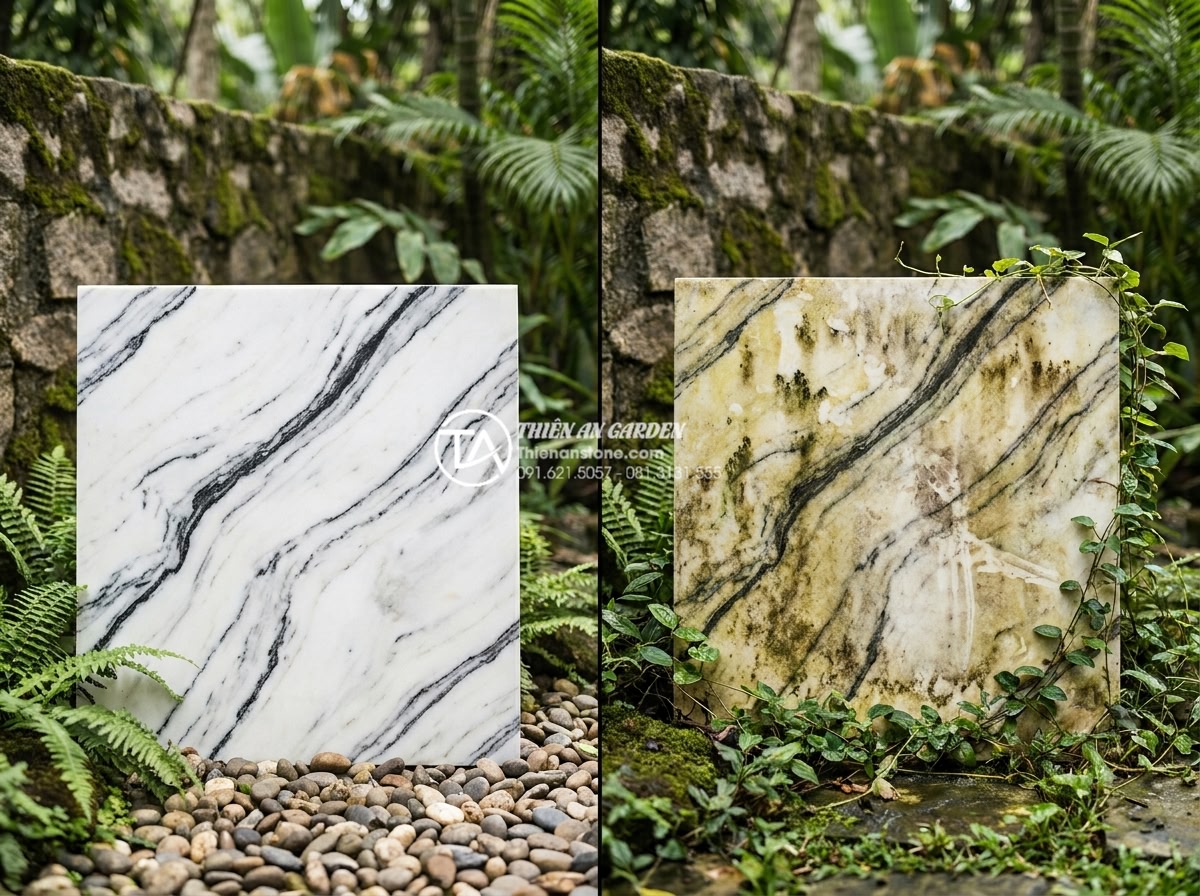 Cách vệ sinh và bảo dưỡng đá tuyết sơn luôn bền màu theo thời gian - Split view comparison image showing pristine white snow stone versus weathered y