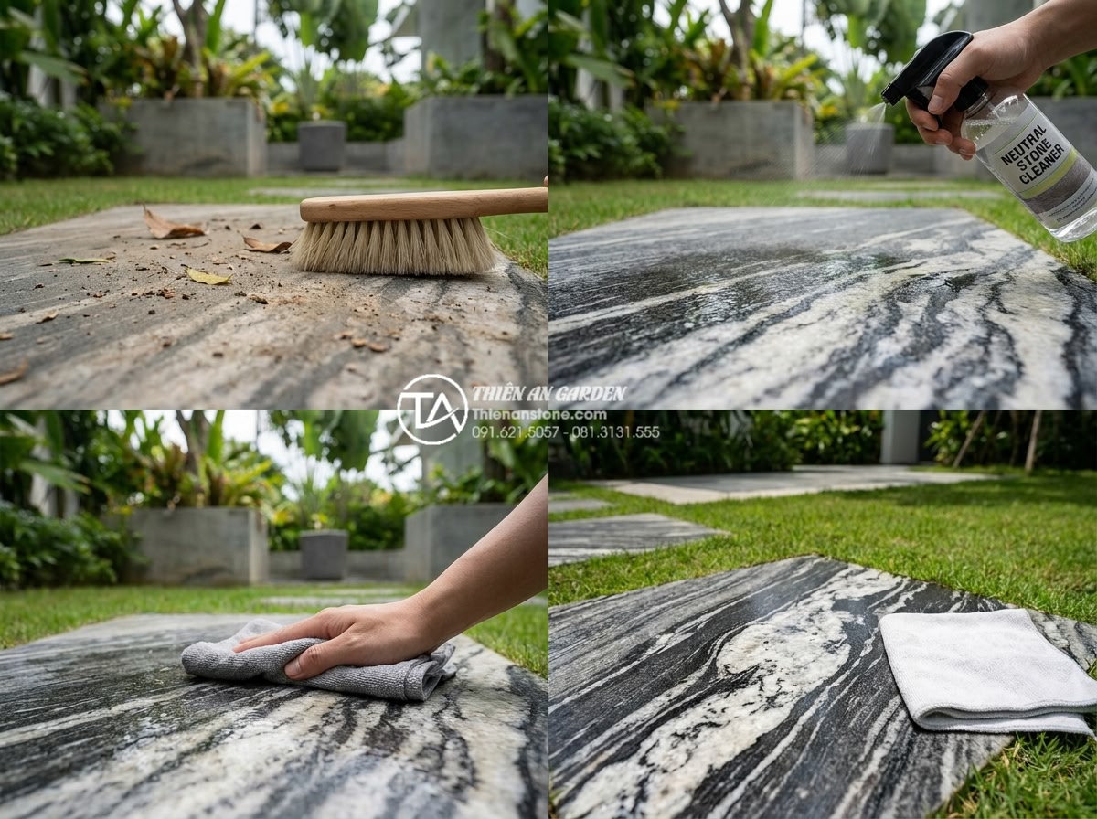 Cách vệ sinh và bảo dưỡng đá tuyết sơn luôn bền màu theo thời gian - Detailed step-by-step visual guide of daily snow stone cleaning process in a mod