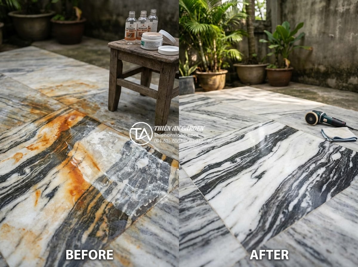 Cách vệ sinh và bảo dưỡng đá tuyết sơn luôn bền màu theo thời gian - Before and after professional deep cleaning of heavily stained snow stone showin