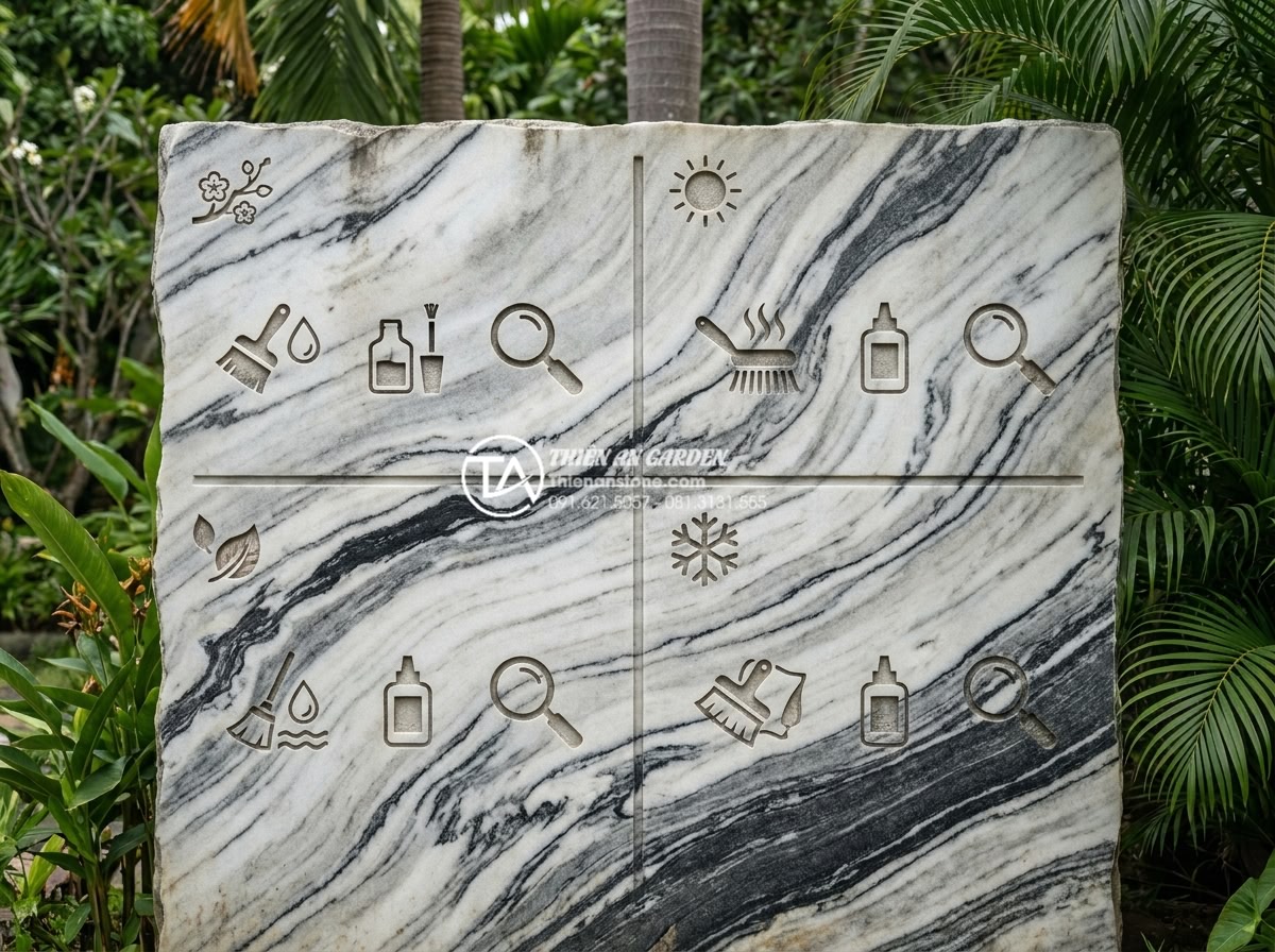 Cách vệ sinh và bảo dưỡng đá tuyết sơn luôn bền màu theo thời gian - Calendar style infographic showing seasonal maintenance schedule for snow stone 