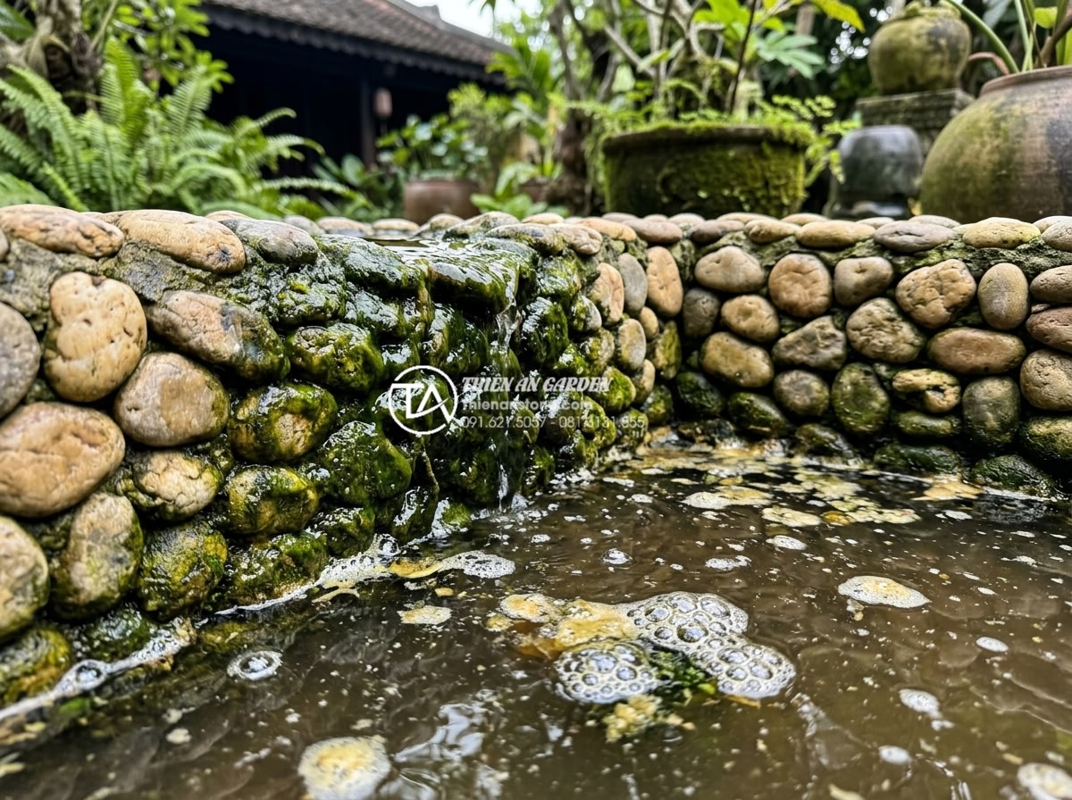 Cách xử lý nước tiểu cảnh góc sân bị rêu xanh và mùi hôi triệt để - Detailed close-up photograph of thick green algae and moss covering natural carv