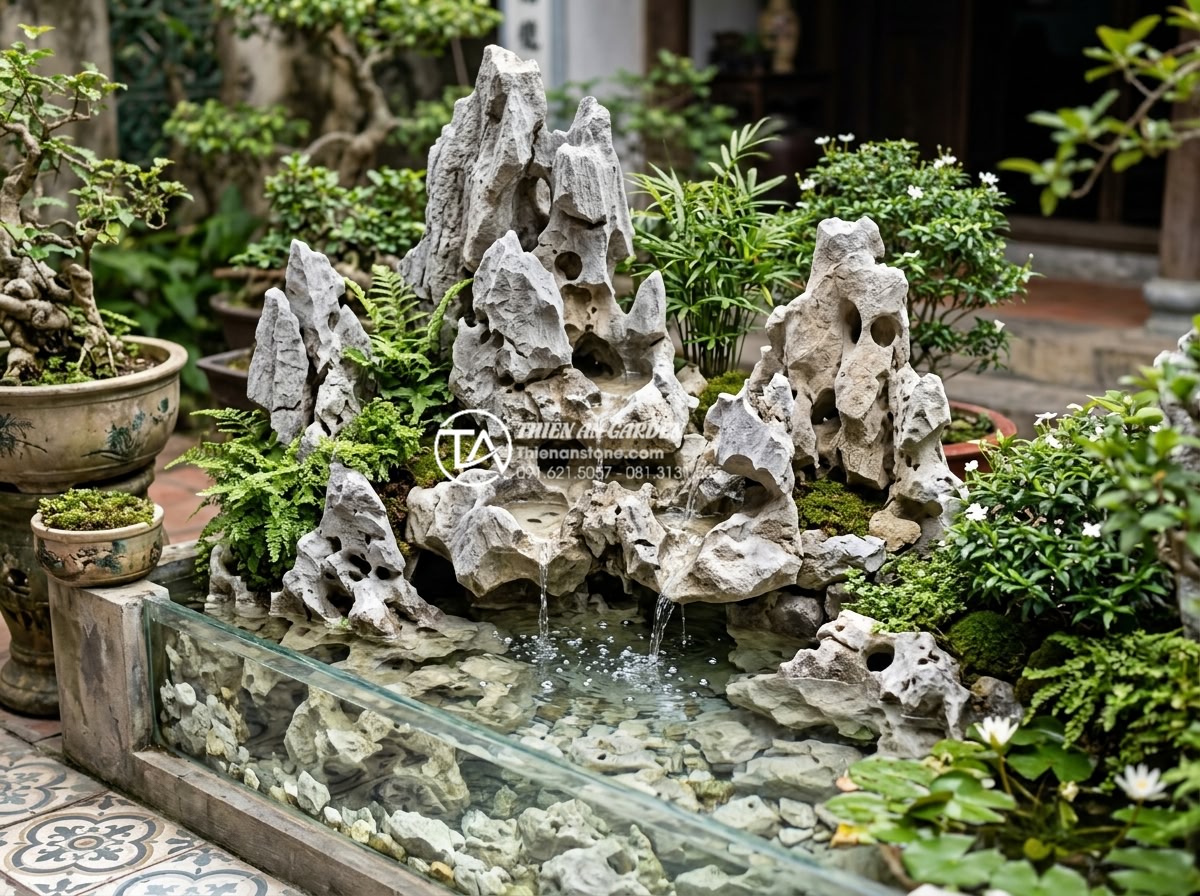 Cách xử lý nước tiểu cảnh góc sân bị rêu xanh và mùi hôi triệt để - Clear water transformation in stone water feature after professional chemical al