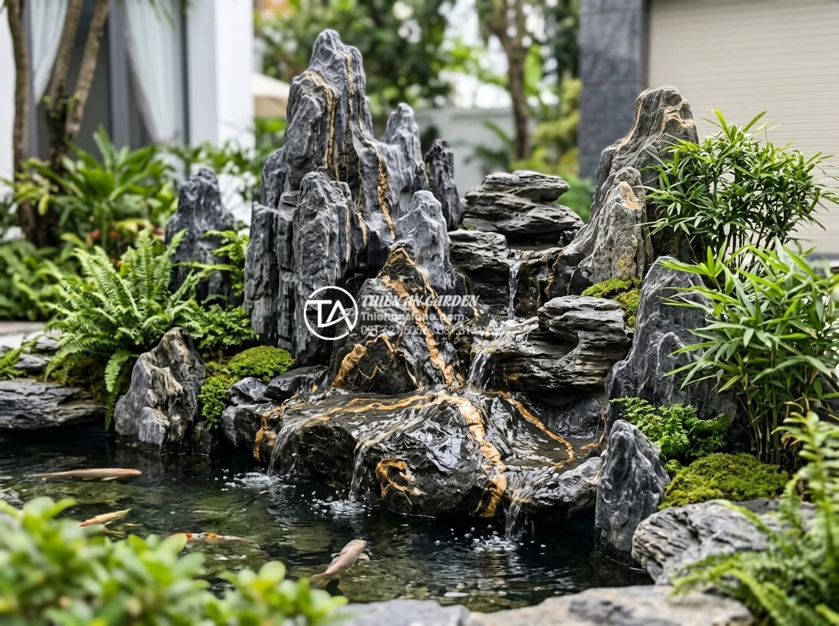 Cách xử lý nước tiểu cảnh góc sân bị rêu xanh và mùi hôi triệt để - High-quality natural carved stones and granite used in algae-resistant garden wa