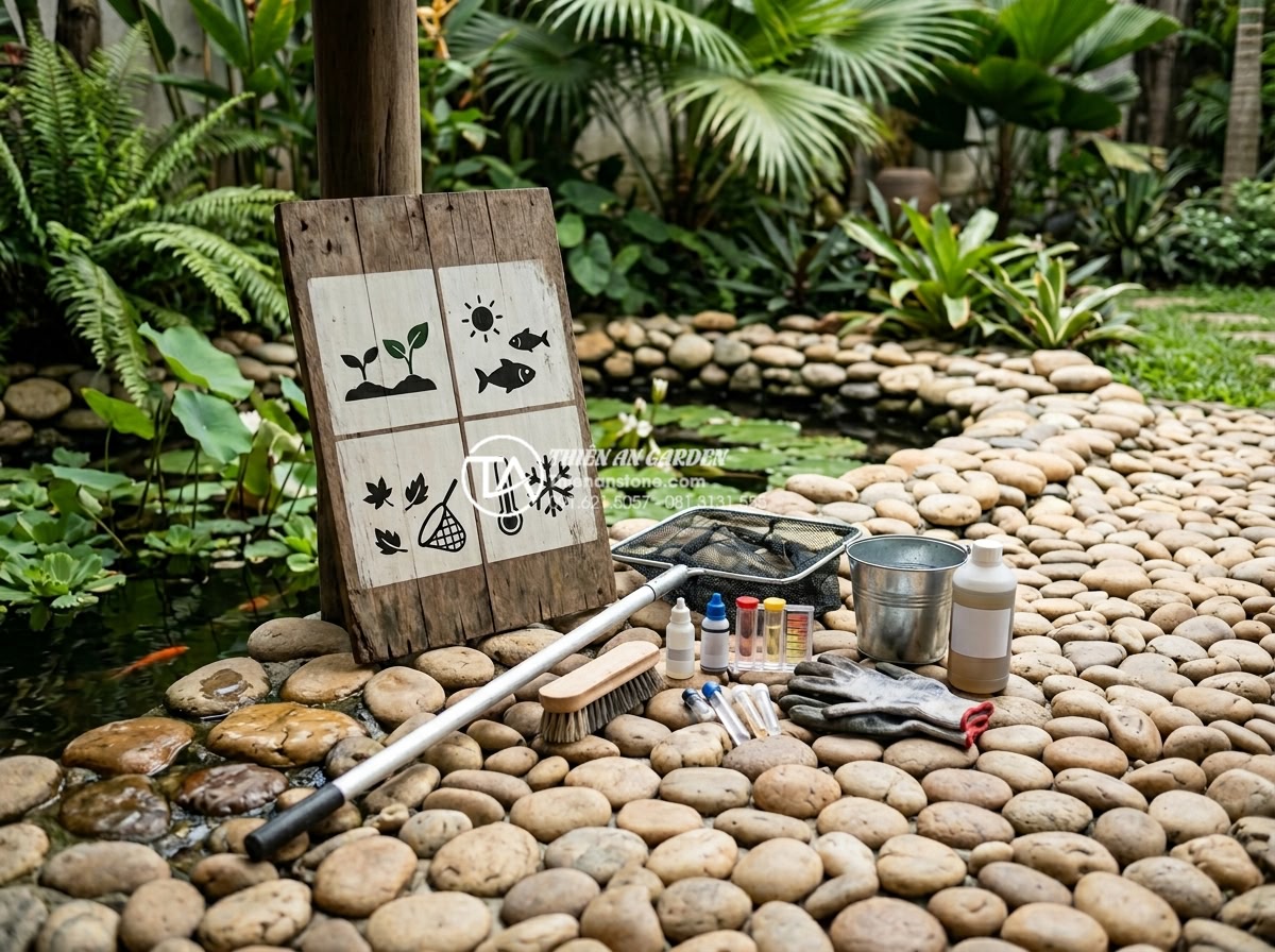 Cách xử lý nước tiểu cảnh góc sân bị rêu xanh và mùi hôi triệt để - Seasonal maintenance calendar and tools for garden pond with stone elements