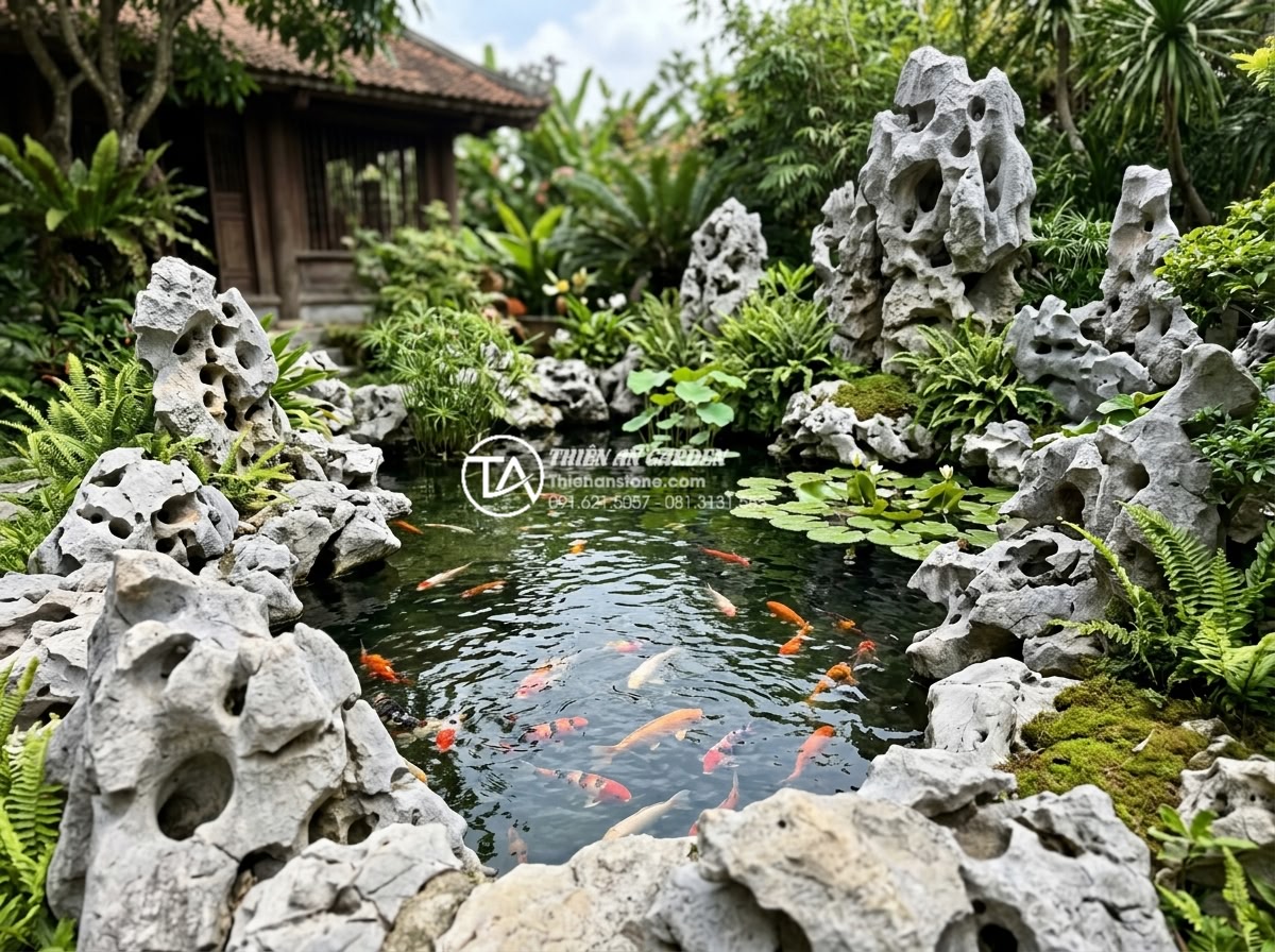Cách xử lý nước tiểu cảnh góc sân bị rêu xanh và mùi hôi triệt để - Koi fish pond with natural stone borders after advanced water treatment showing 