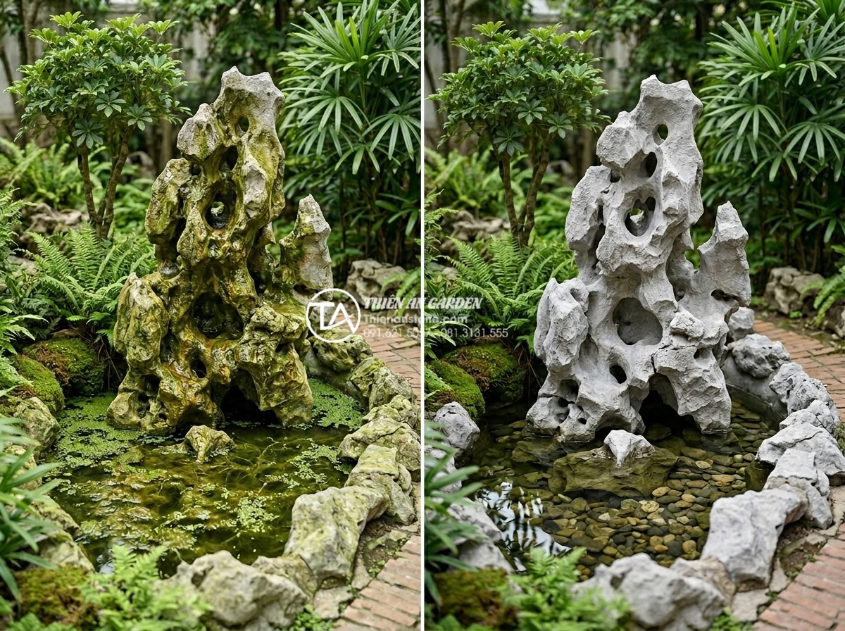 Cách xử lý nước tiểu cảnh góc sân bị rêu xanh và mùi hôi triệt để - Before and after comparison photo showing severely algae-covered stone water fea