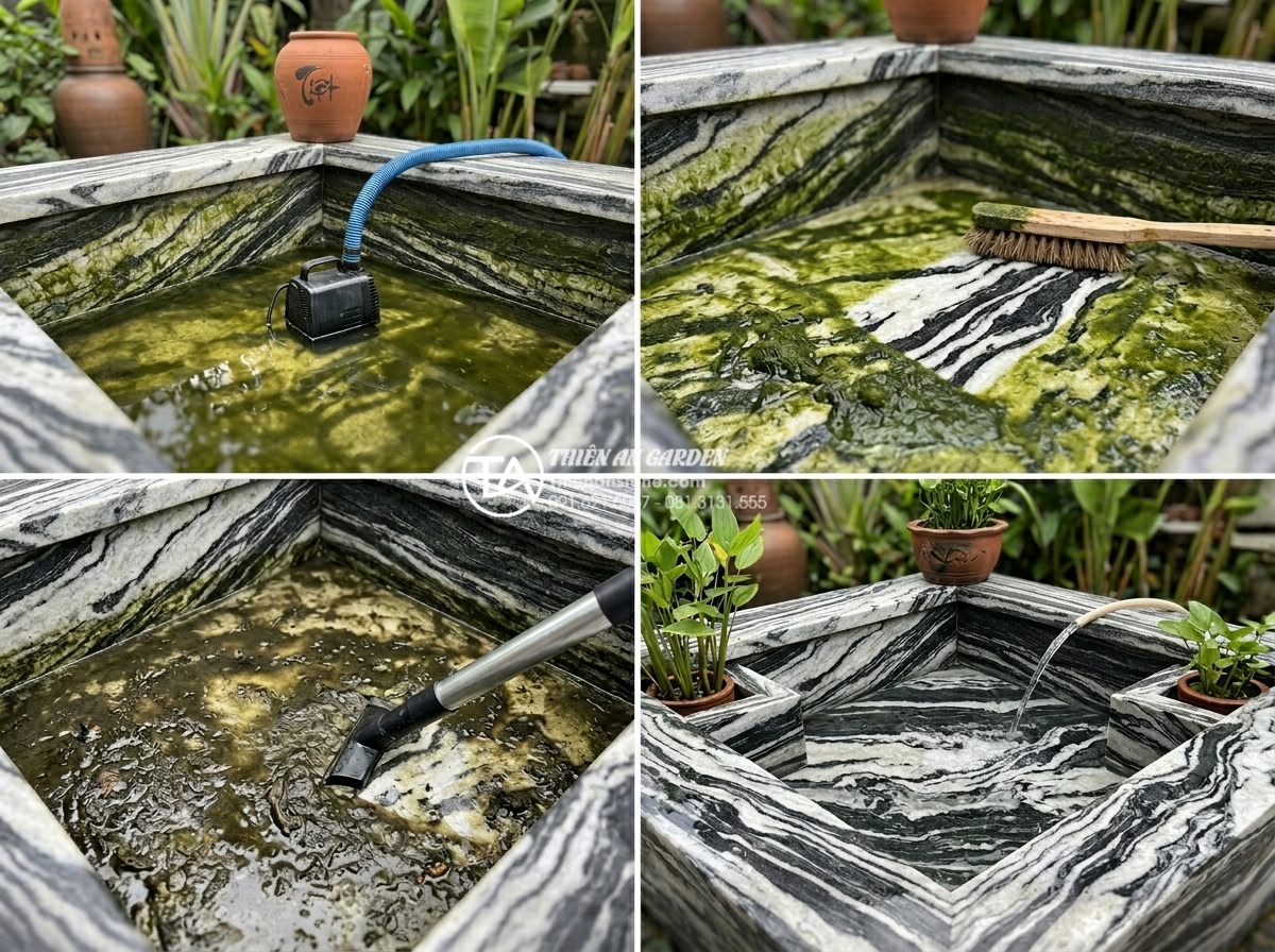 Cách xử lý nước tiểu cảnh góc sân bị rêu xanh và mùi hôi triệt để - Step-by-step photographic sequence of cleaning green algae from natural stone co