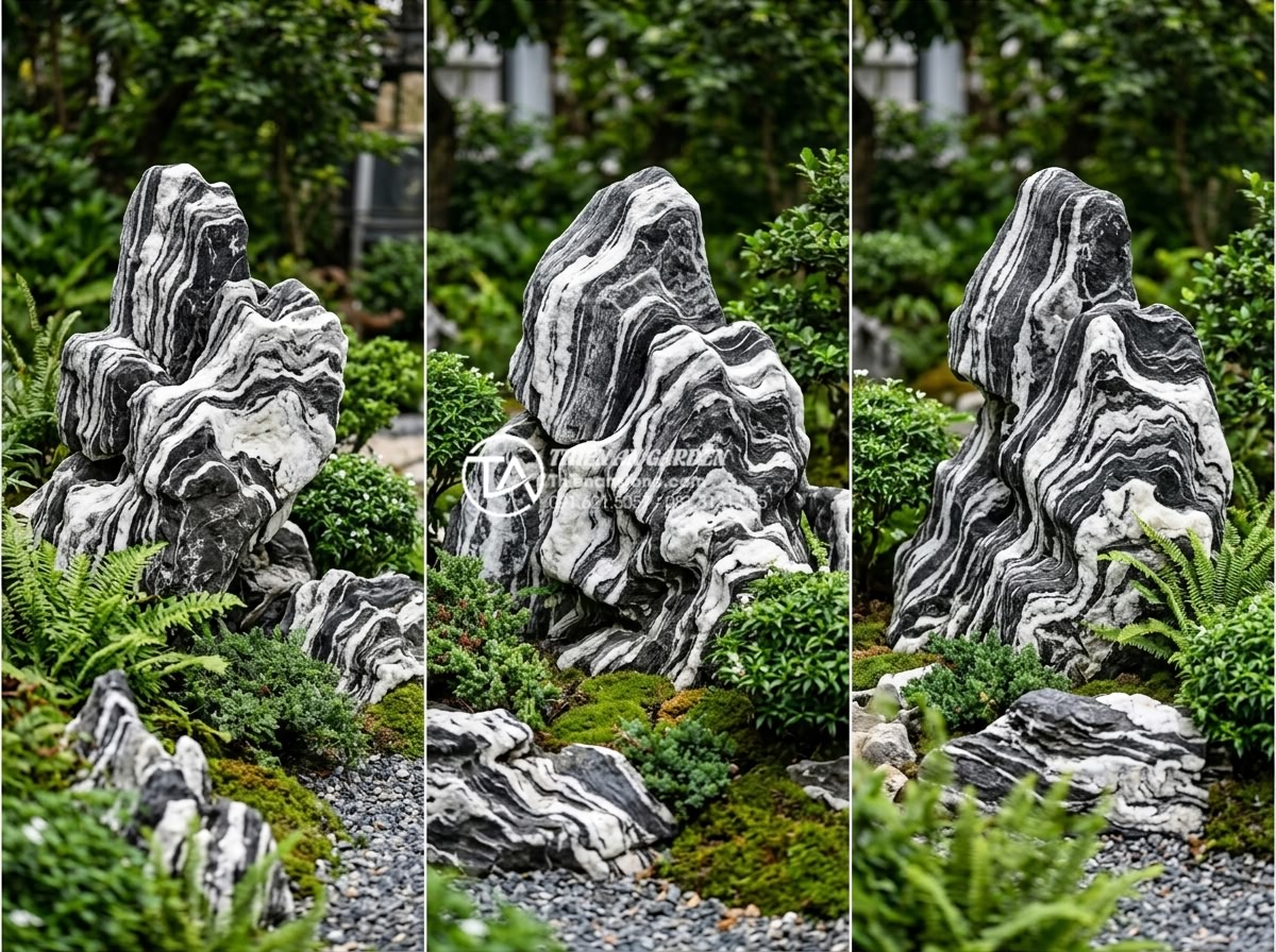 Cần bao nhiêu tiền để sở hữu một hòn non bộ đá tuyết sơn mini? - Side-by-side comparison realistic photo of three different rockery types in iden