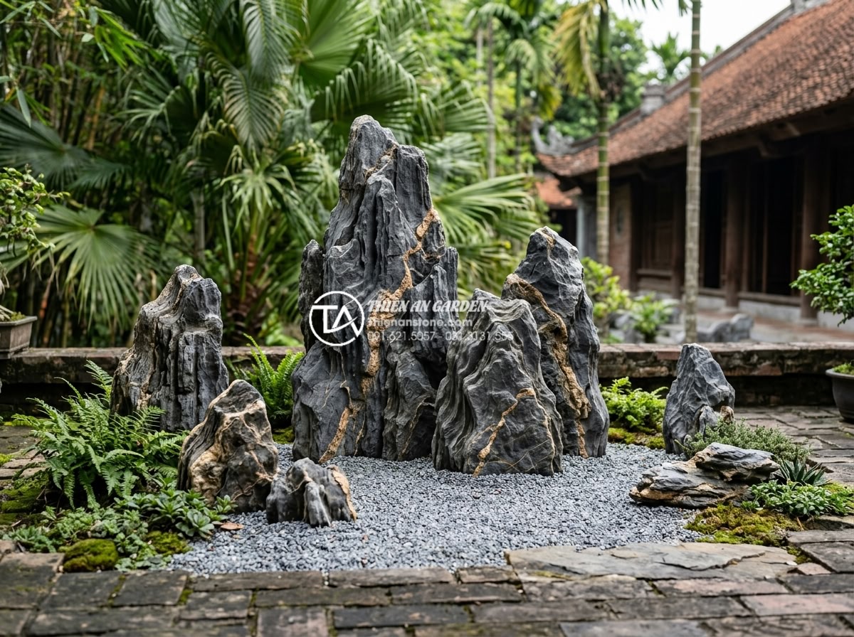 Case Study: Biến sân thượng khô khan thành tiểu cảnh sân vườn Nhật Bản - Zen rock arrangement with large standing stones and smaller accent rocks in Japa