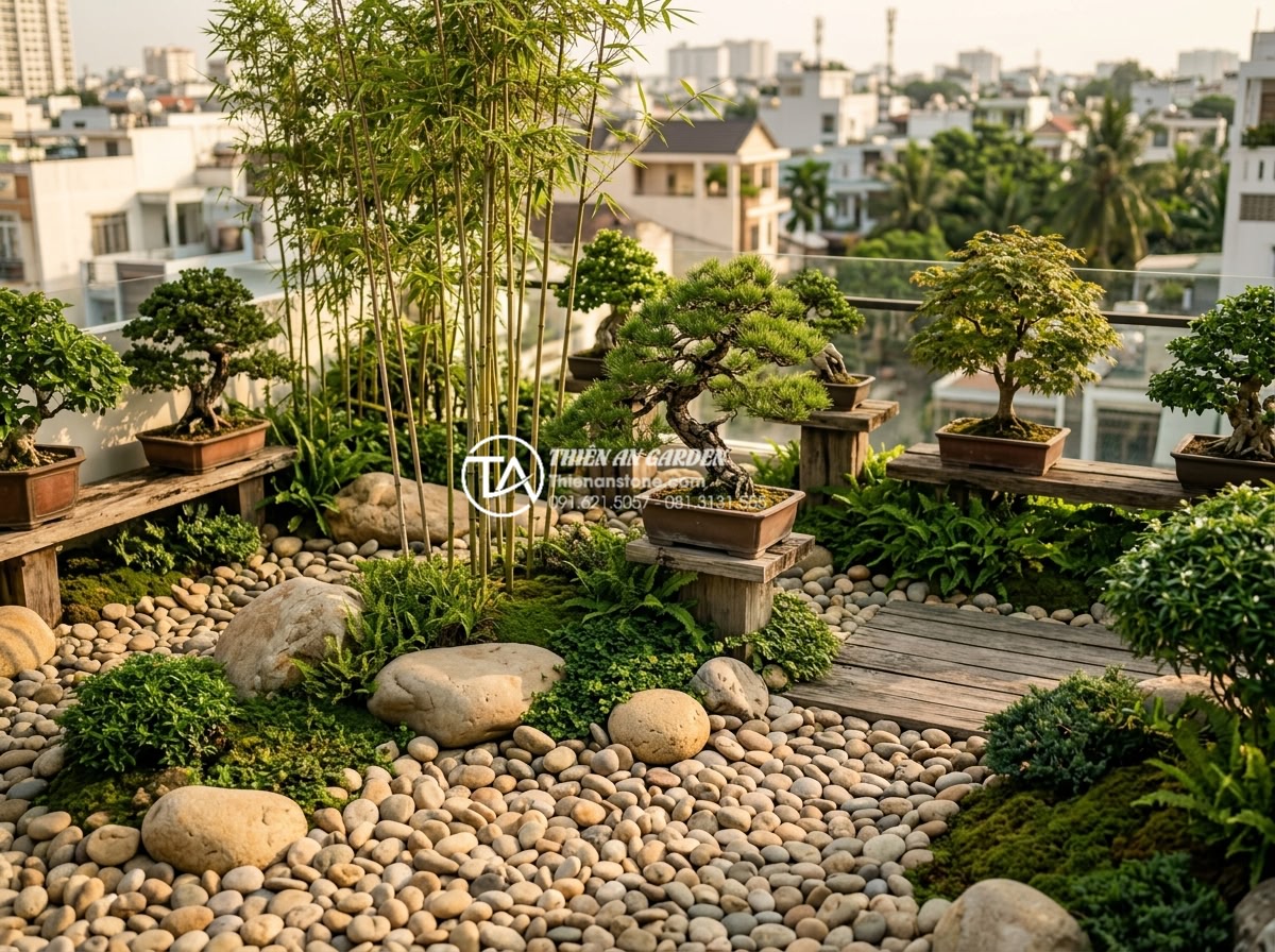 Case Study: Biến sân thượng khô khan thành tiểu cảnh sân vườn Nhật Bản - Bonsai trees, bamboo, and ground cover plants arranged in Japanese rooftop garde