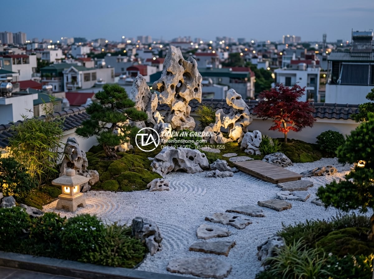 Case Study: Biến sân thượng khô khan thành tiểu cảnh sân vườn Nhật Bản - Final completed Japanese zen rooftop garden with all elements integrated and lit