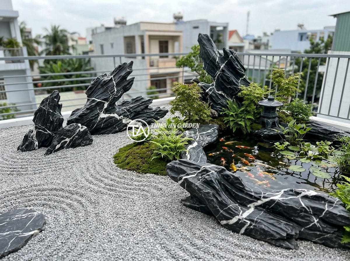 Case Study: Biến sân thượng khô khan thành tiểu cảnh sân vườn Nhật Bản - Detailed view of Japanese rooftop garden transformation showing placement of car
