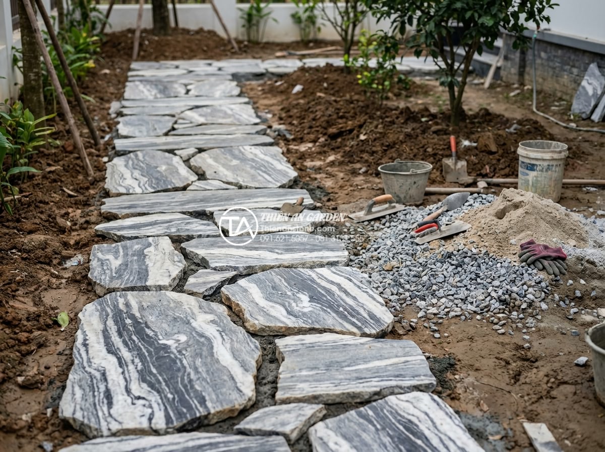 Case Study: Biến sân vườn biệt thự thành kiệt tác với đá tuyết sơn Nghệ An - Step-by-step construction process of Nghệ An snow stone garden project showing w
