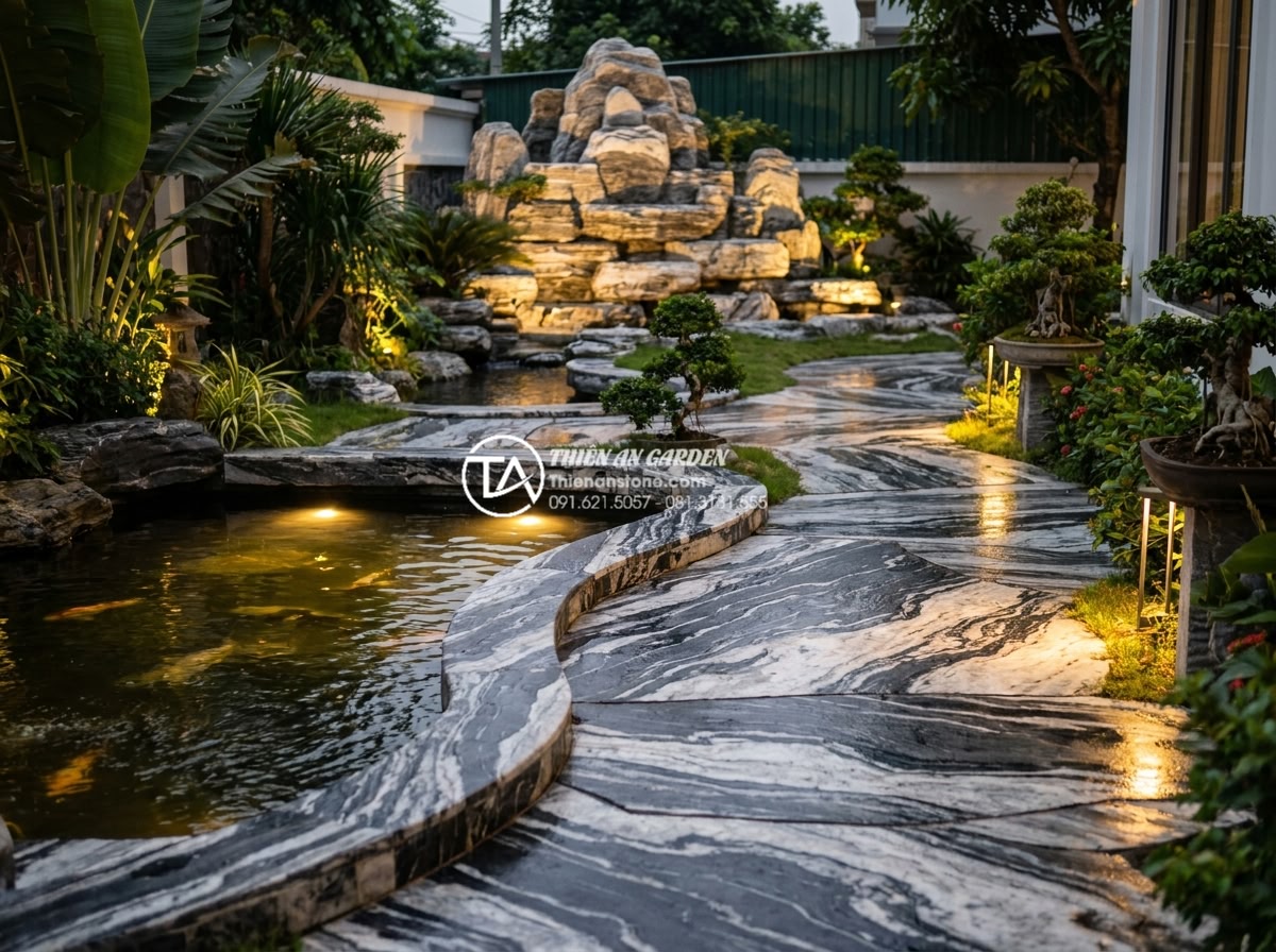 Case Study: Biến sân vườn biệt thự thành kiệt tác với đá tuyết sơn Nghệ An - Happy Vietnamese family enjoying their newly completed luxury snow stone garden 