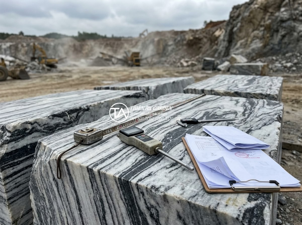 Checklist 7 bước nghiệm thu công trình đá tuyết sơn đạt chuẩn - Hình 1 Checklist 7 bước nghiệm thu công trình đá tuyết sơn đạt chuẩn - Close-up technical inspection of raw snow stone blocks at a Vietnamese quarry si