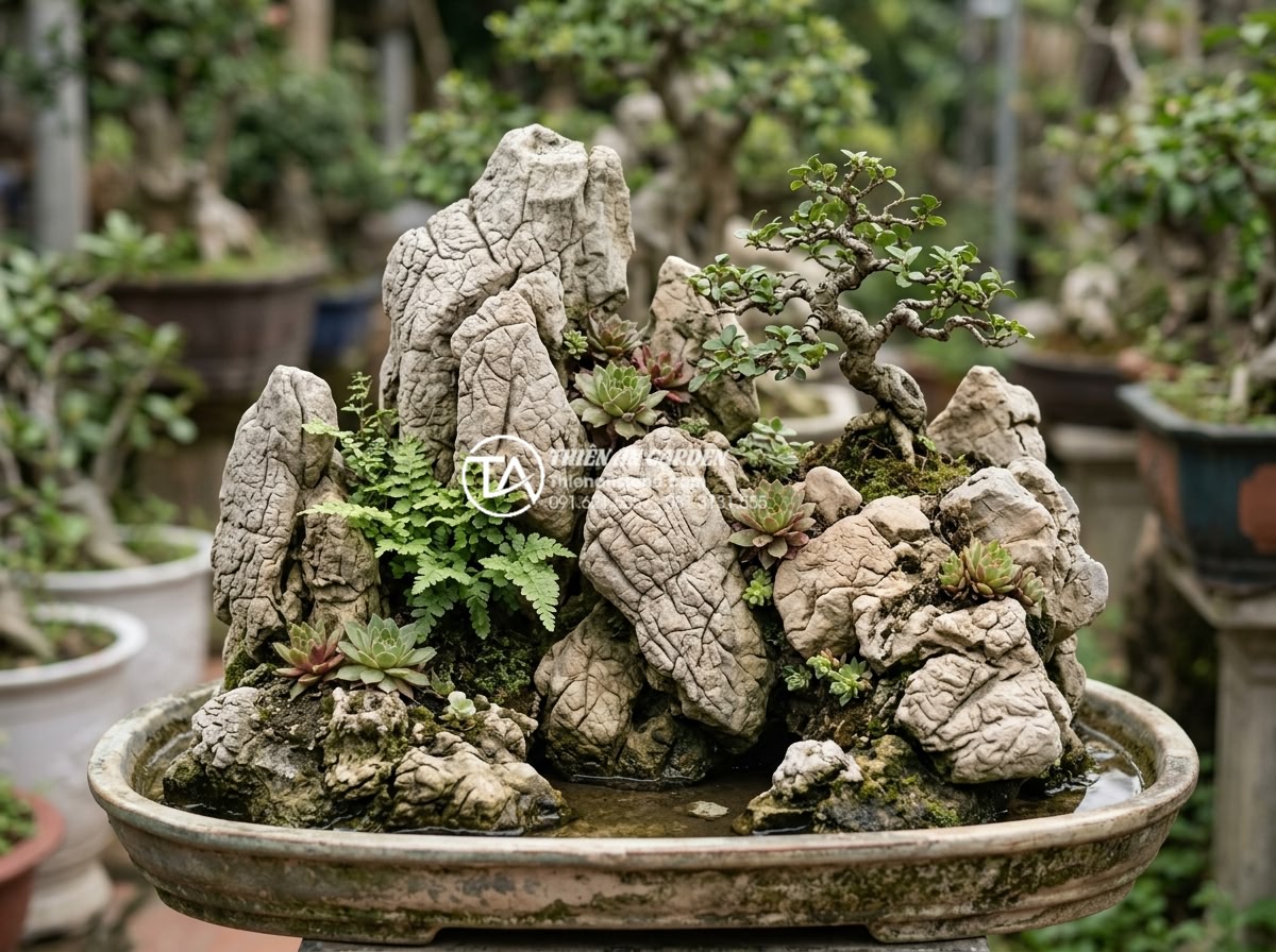 Checklist vật liệu cần chuẩn bị khi làm tiểu cảnh sân vườn đá tự nhiên - Various suitable plants for stone garden miniatures including ferns, succulents,