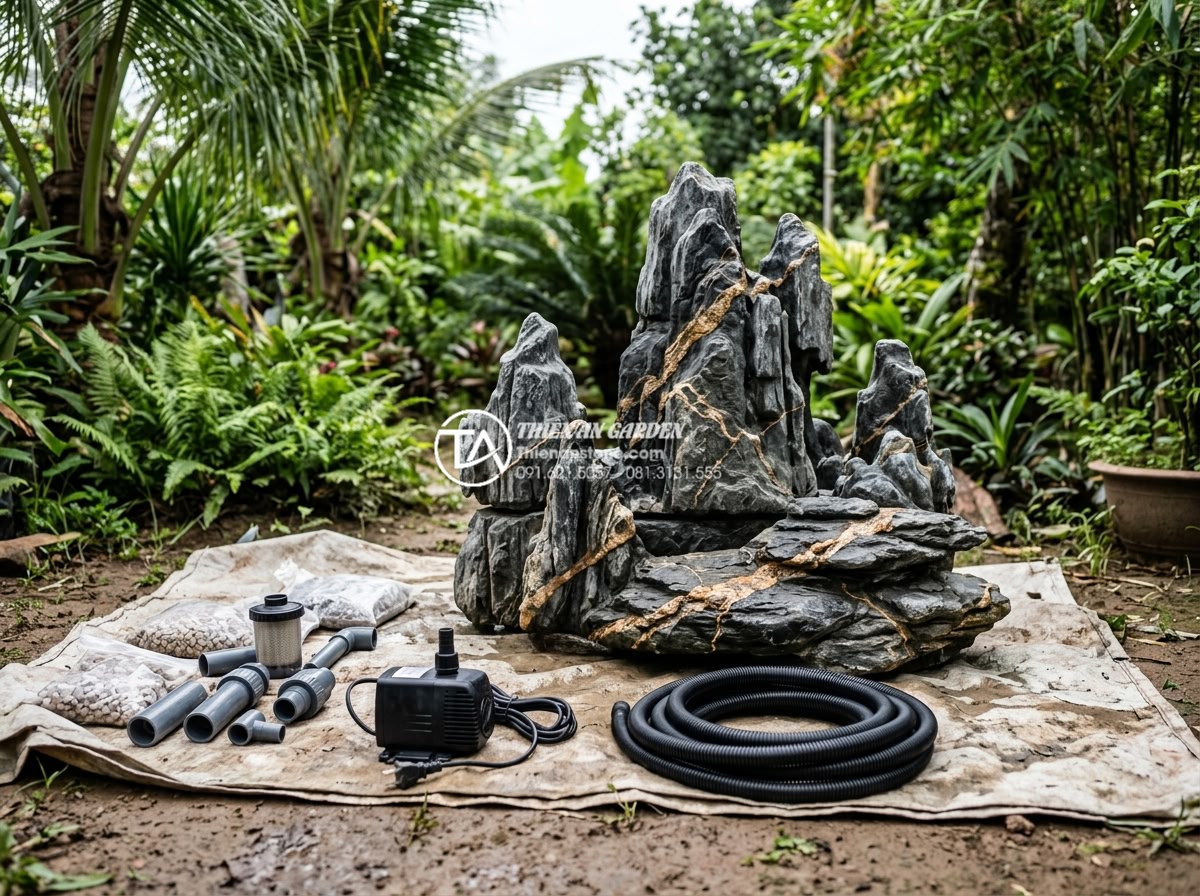 Checklist vật liệu cần chuẩn bị khi làm tiểu cảnh sân vườn đá tự nhiên - Water feature components like submersible pumps, pipes, and stone fountains read