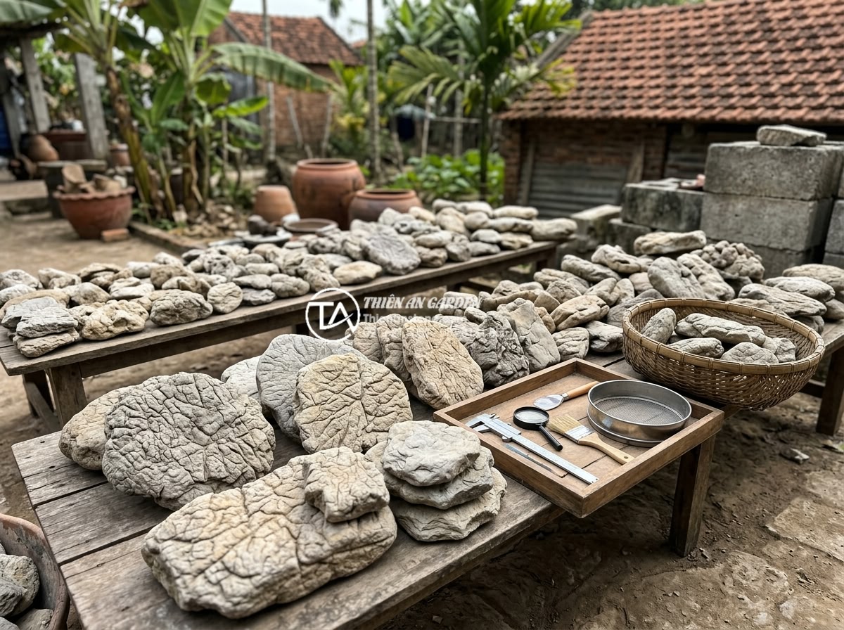 Checklist vật liệu cần chuẩn bị khi làm tiểu cảnh sân vườn đá tự nhiên - Quality inspection process of stone materials before use in garden miniature lan